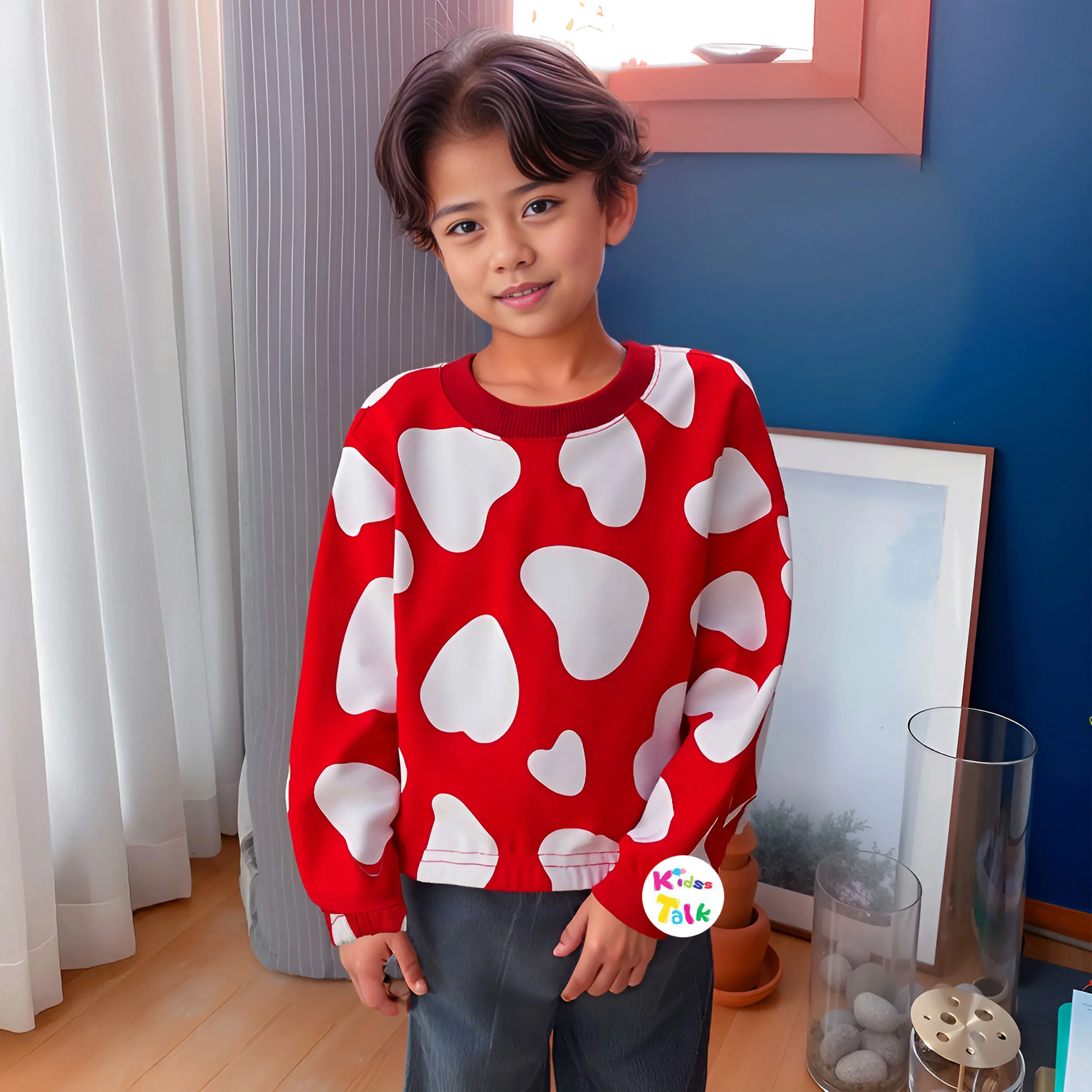 Cotton Knitted Full Sleeve Tees With Cute Print - Red