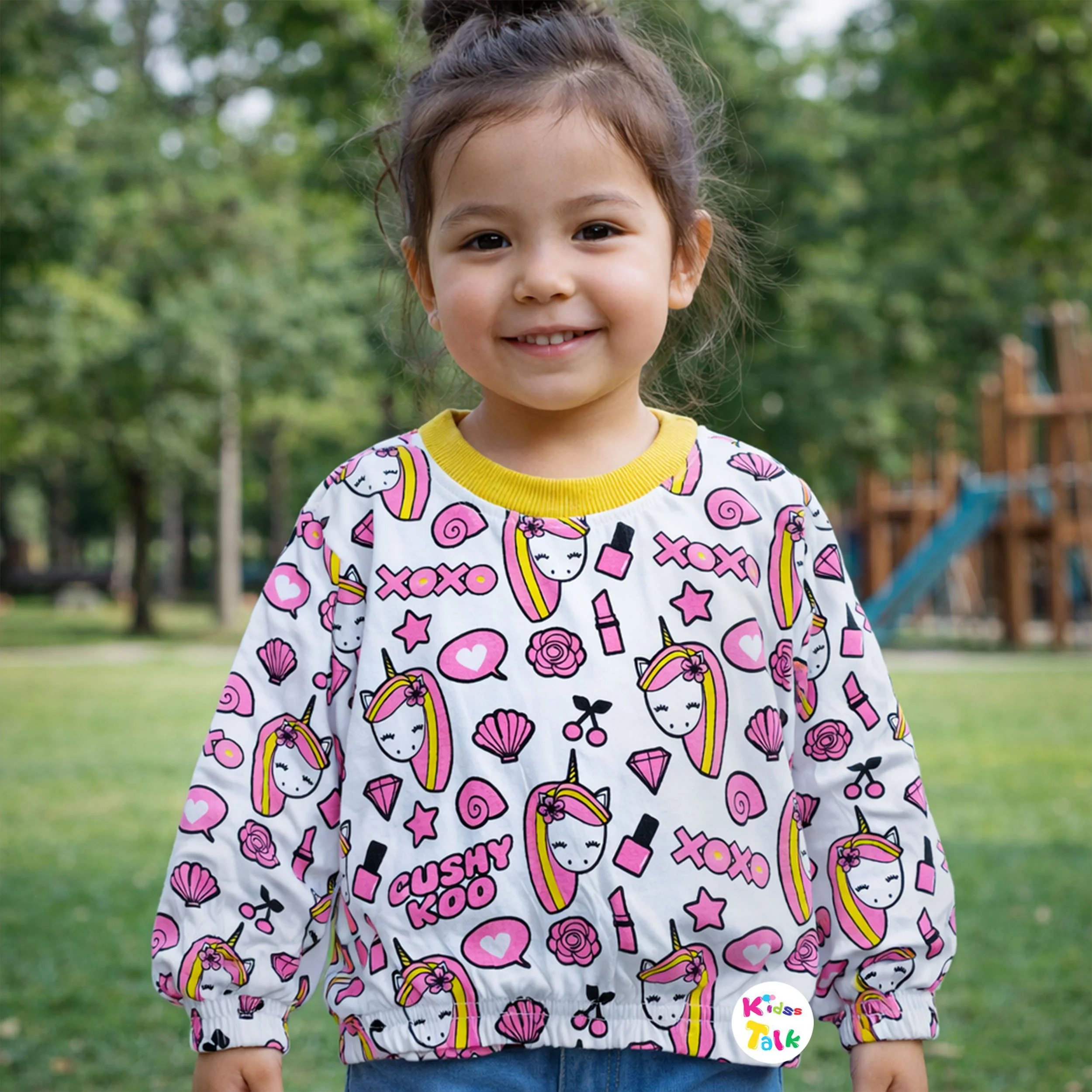 Cotton Knitted Full Sleeve Tees With Cute Print - White