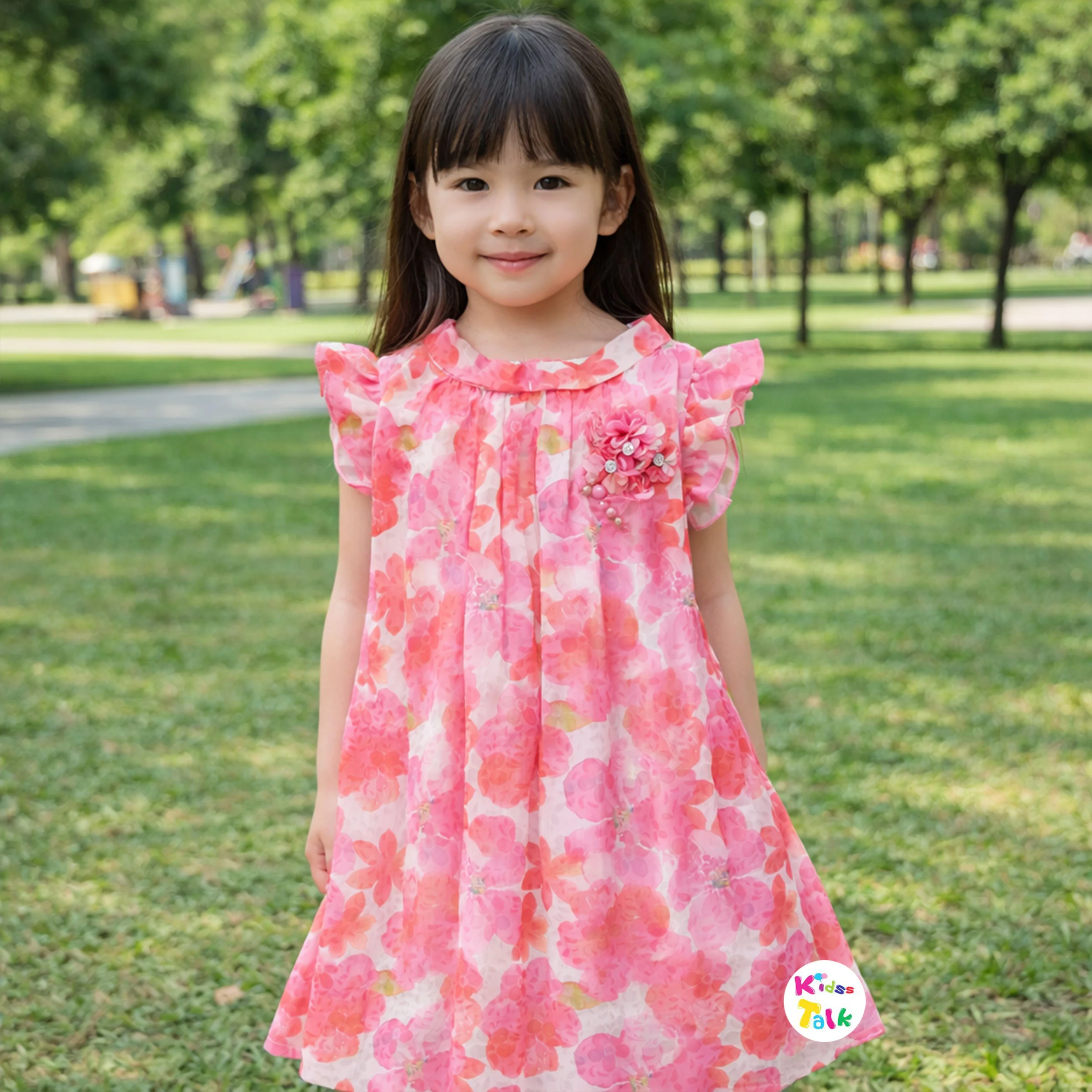 Georgette Half Sleeve Frock With Floral Printed - Baby Pink