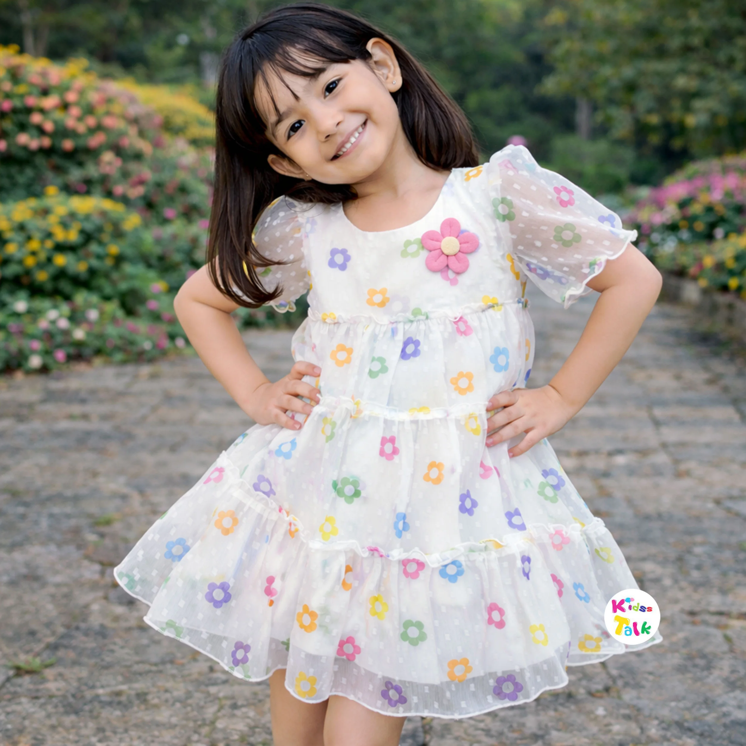 Georgette Half Sleeve Frock With Floral Printed - White