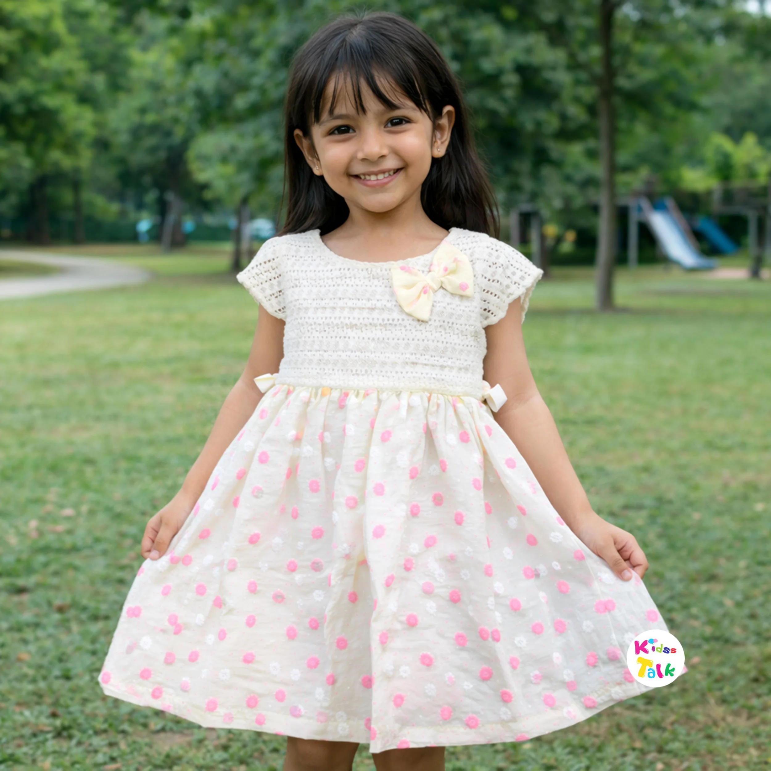 Cotton Half Sleeve Frock With Floral Printed - Baby Pink