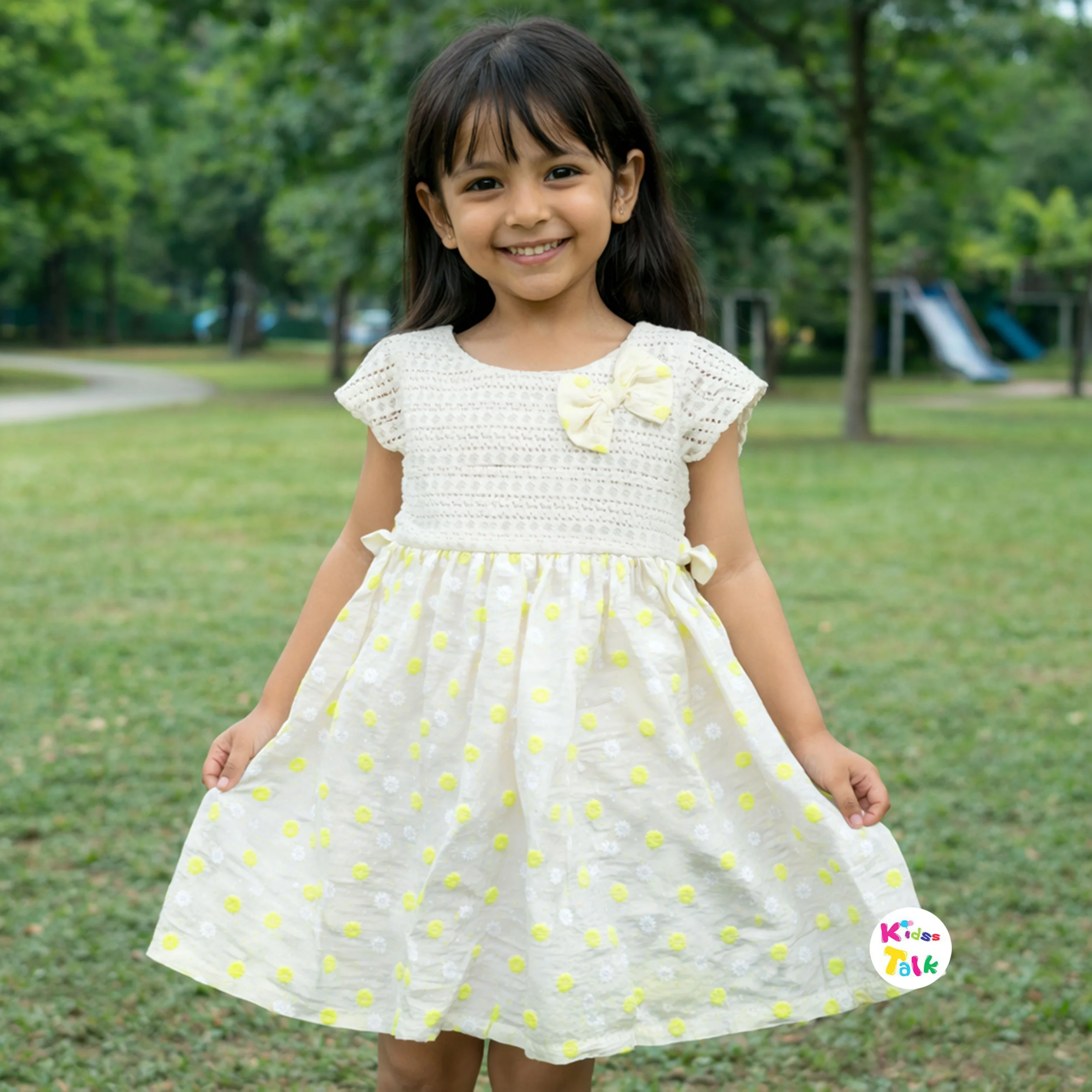 Cotton Half Sleeve Frock With Floral Printed - Lemon Yellow