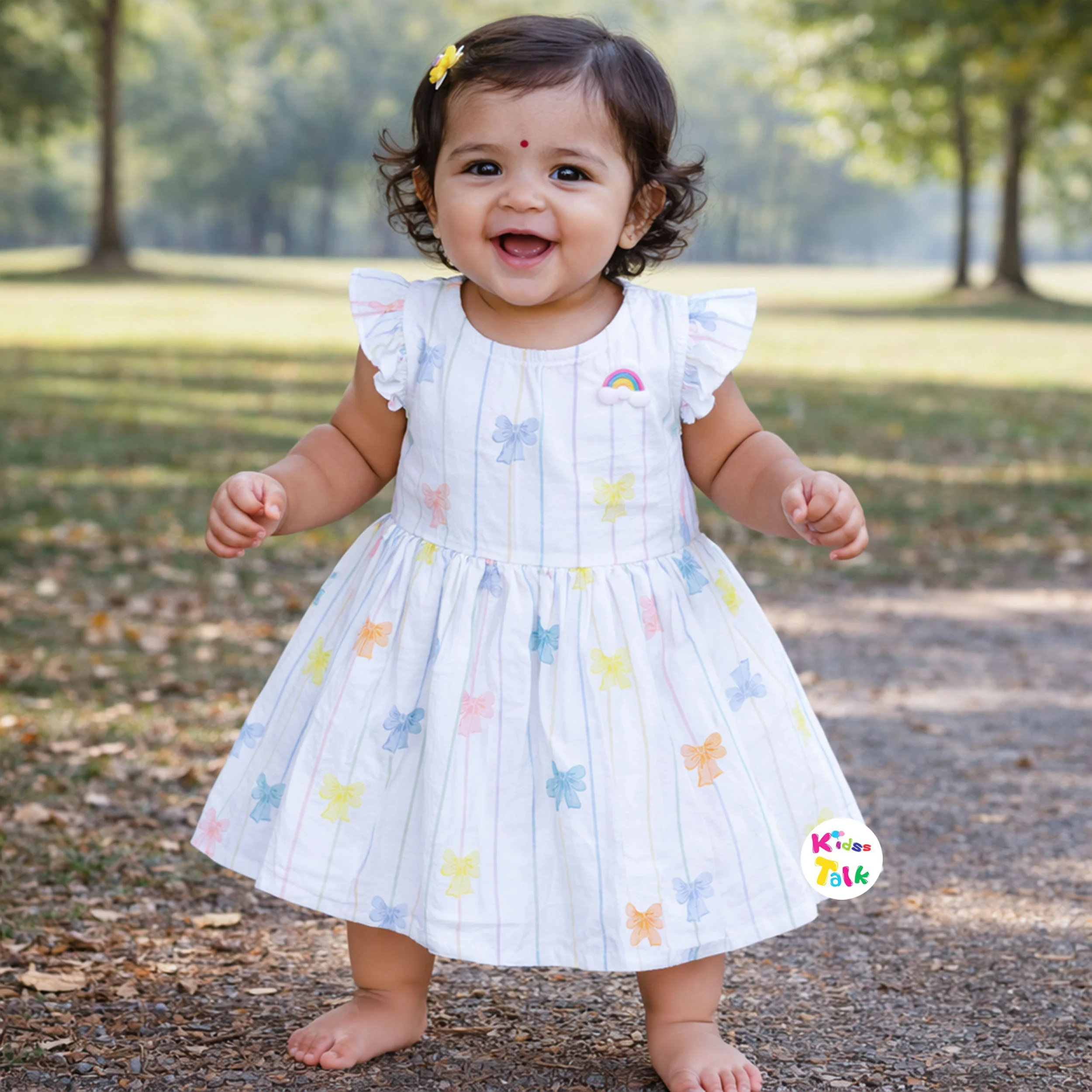 Cotton Half Sleeve Frock With Cute Printed - Lemon Yellow