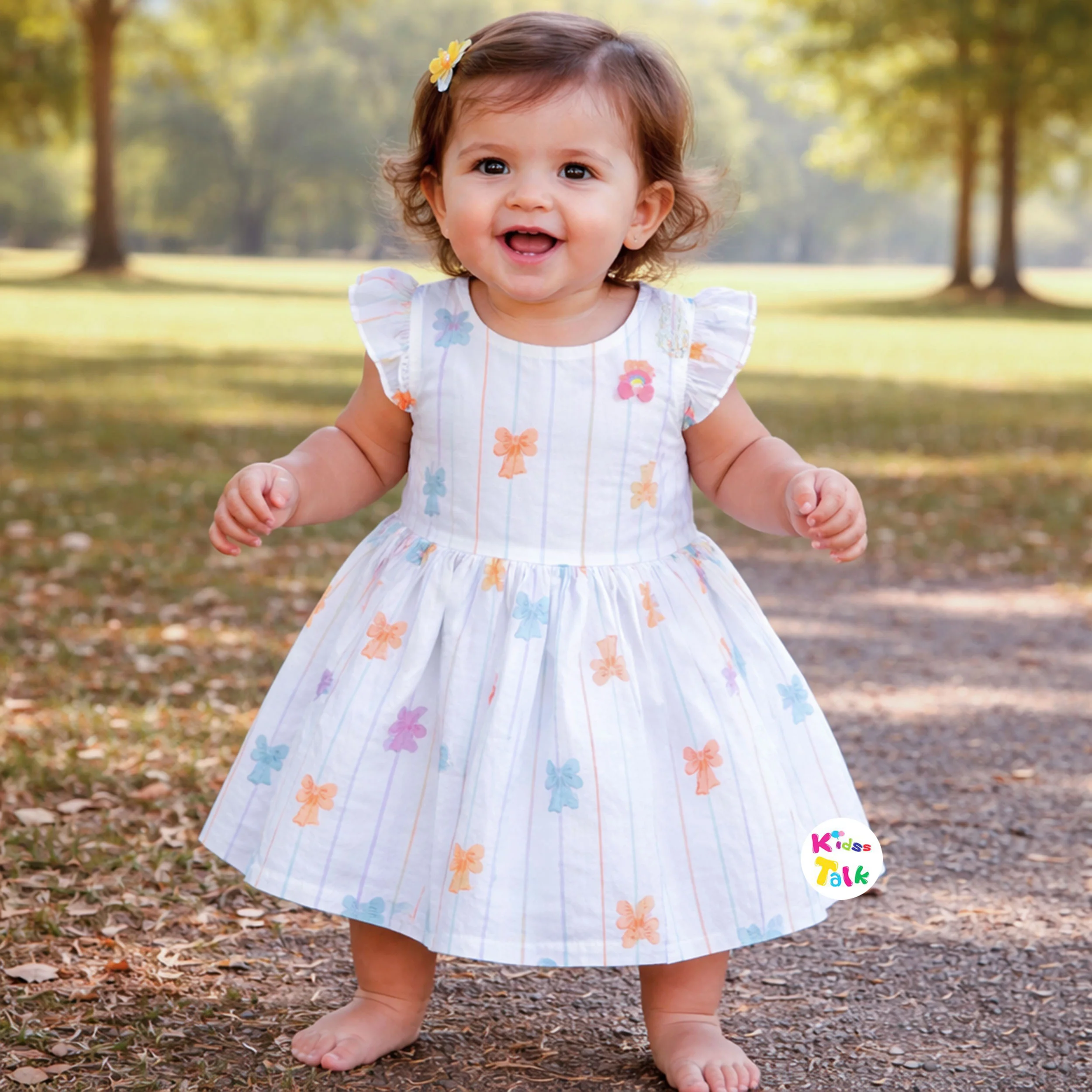 Cotton Half Sleeve Frock With Cute Printed - Orange