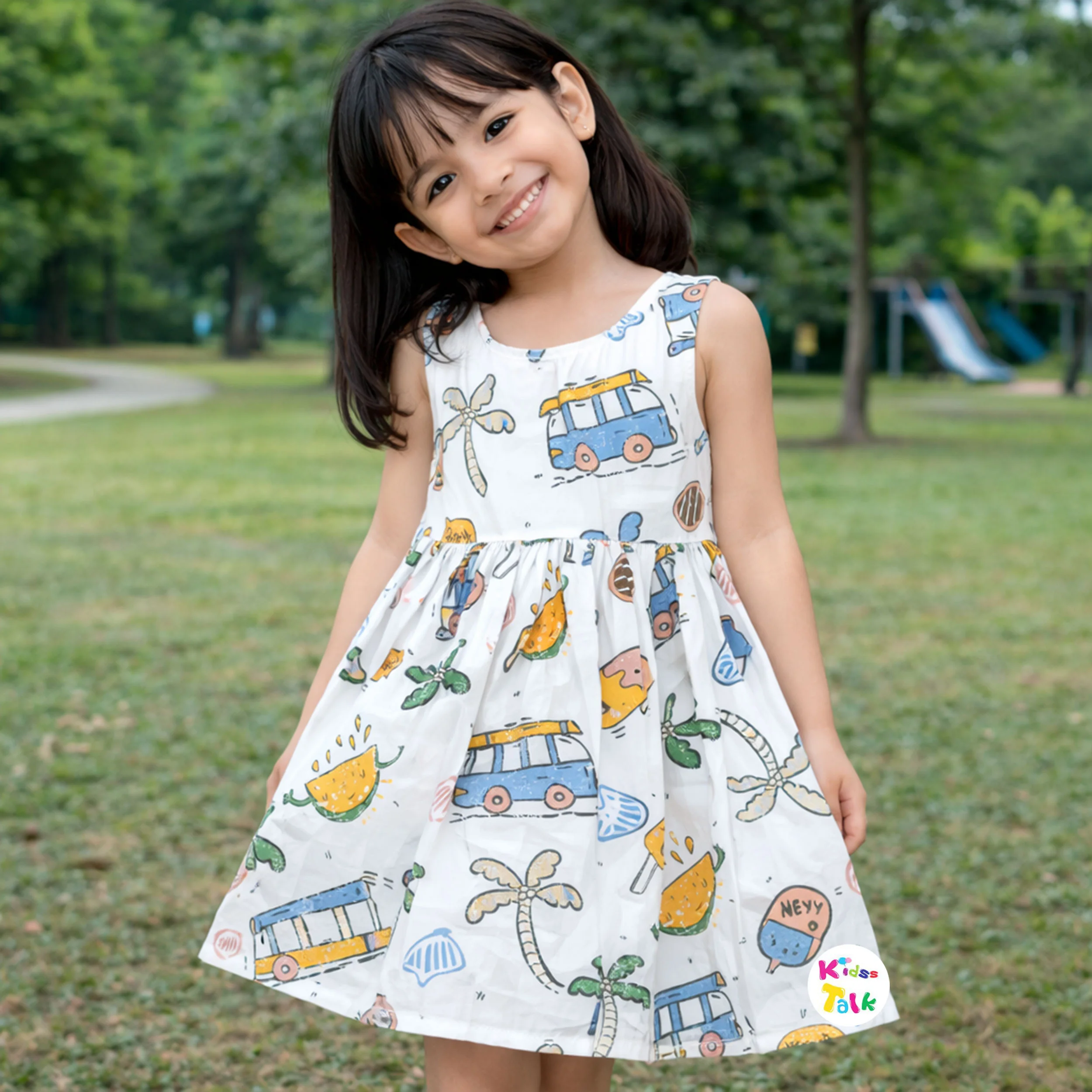 Cotton Sleeveless Frock With Cute Printed - Mustard