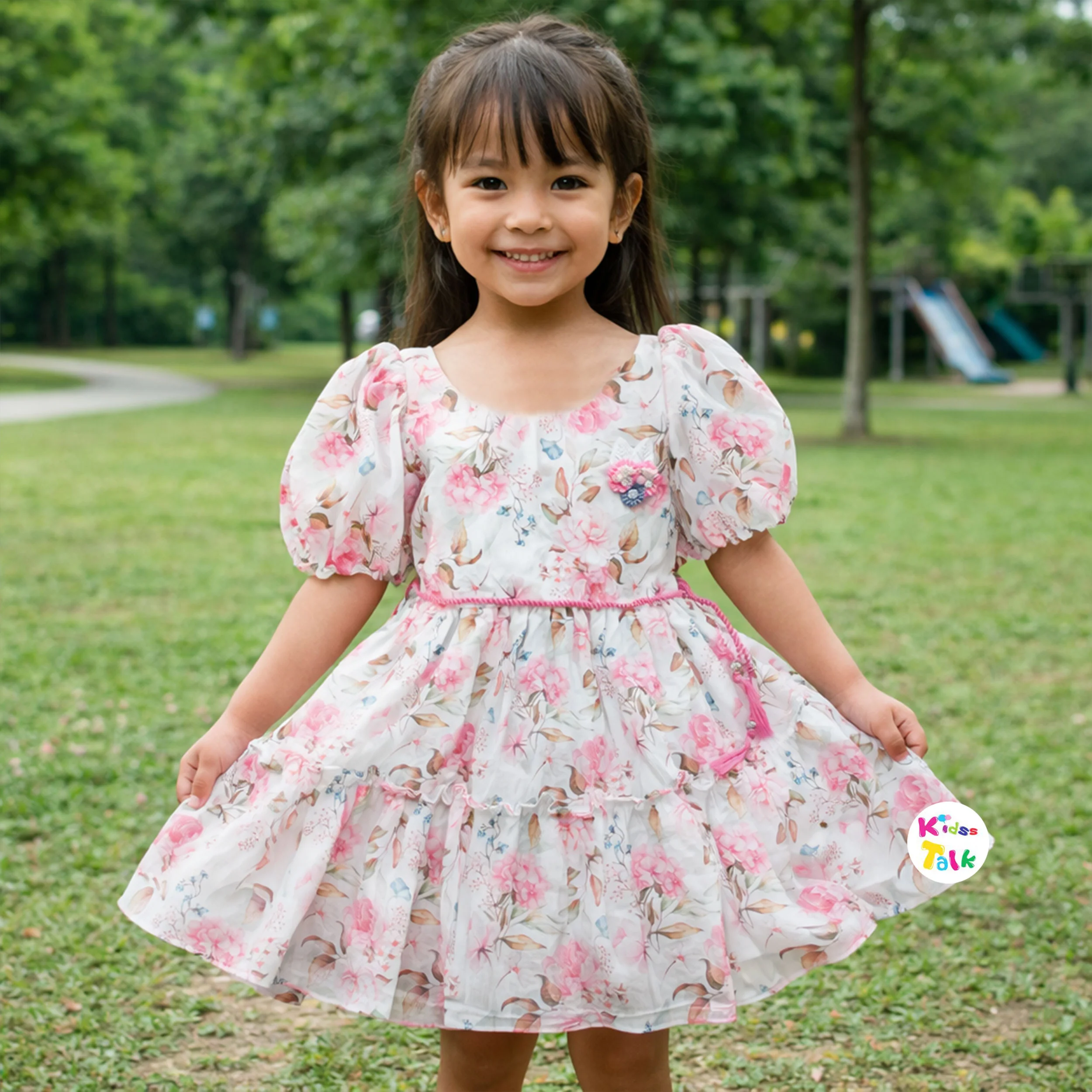 Georgette Half Sleeve Frock With Floral Printed - White