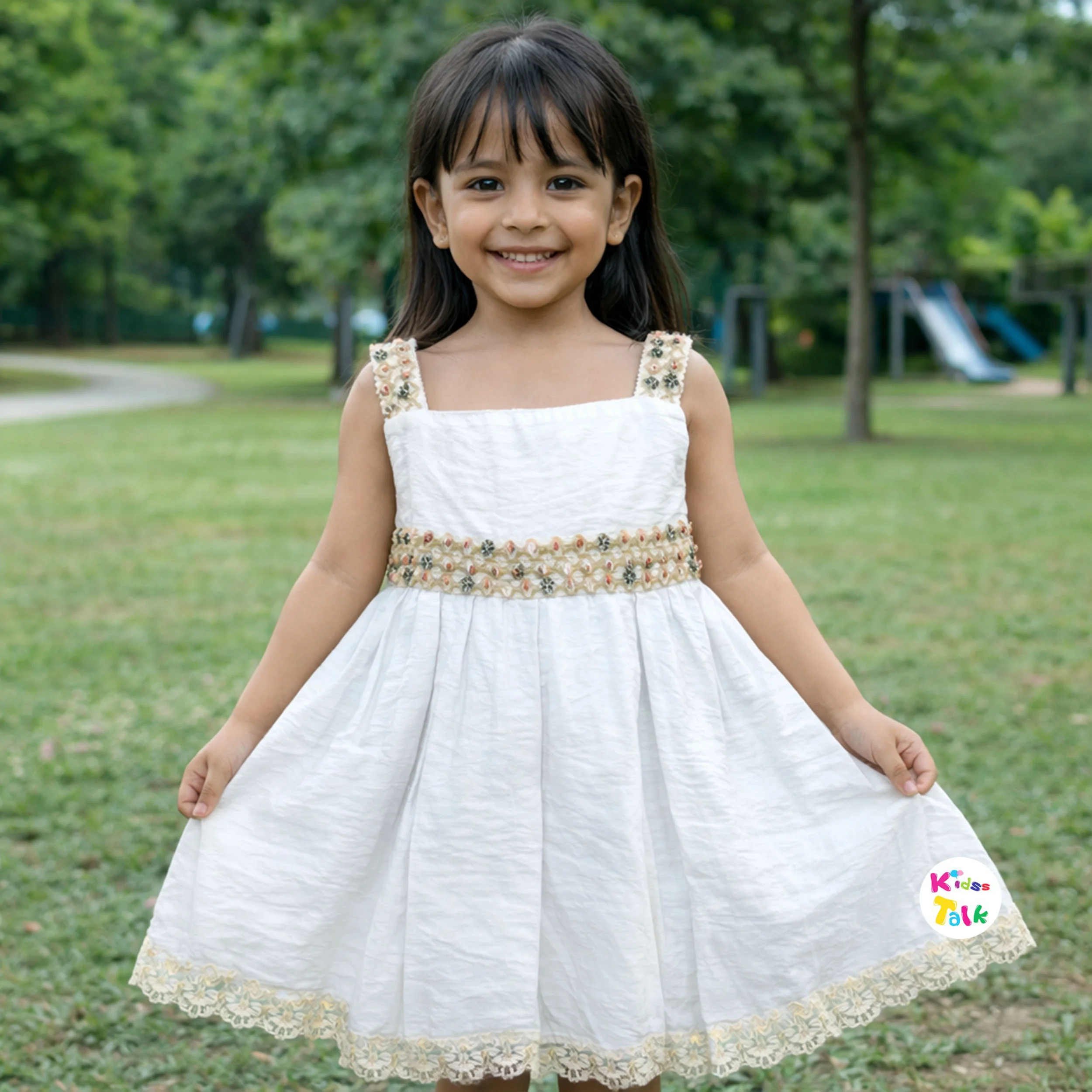 Soft Cotton Sleeveless Frock With Cute Embroidered - White