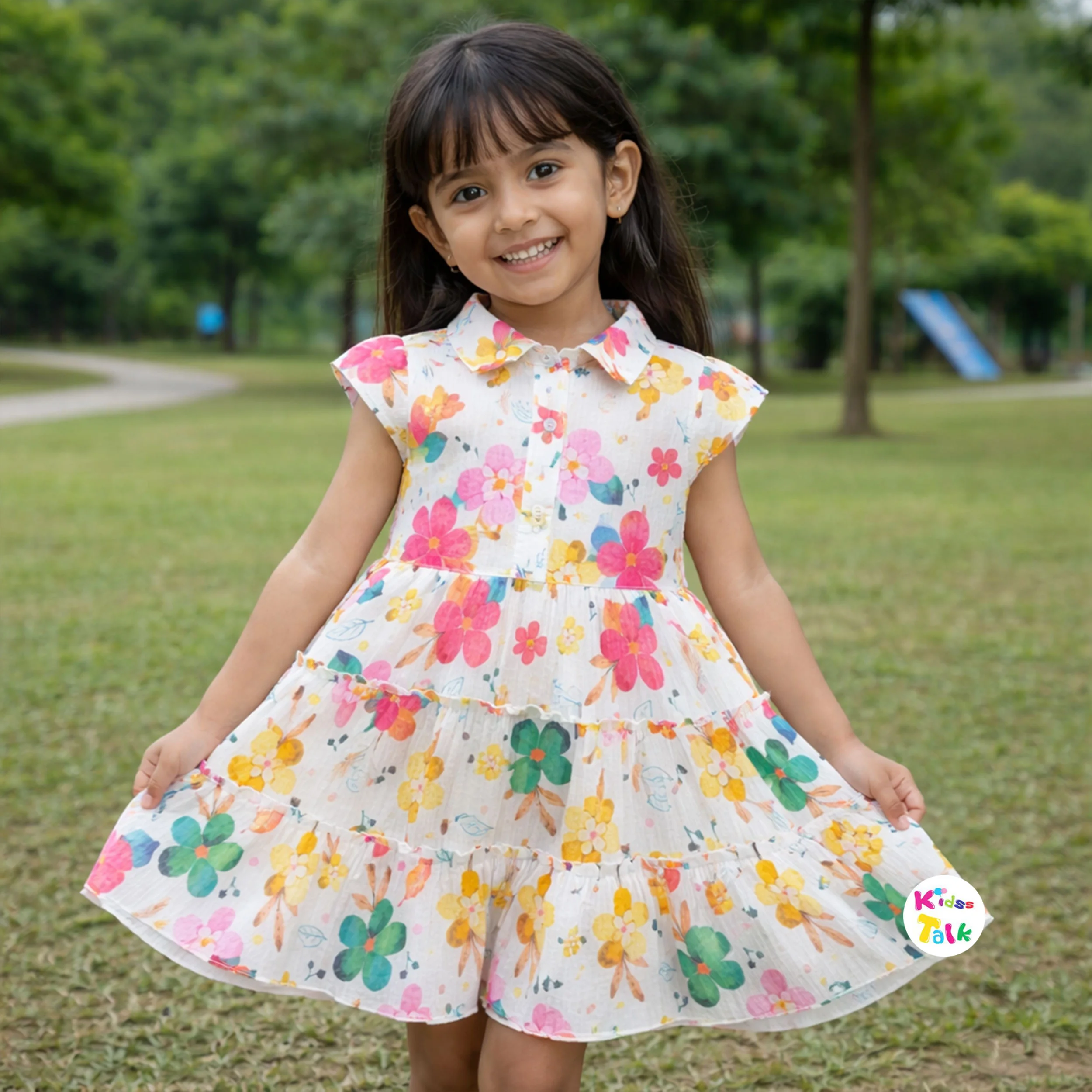 Cotton Half Sleeve Frock With Floral Printed - Baby Pink