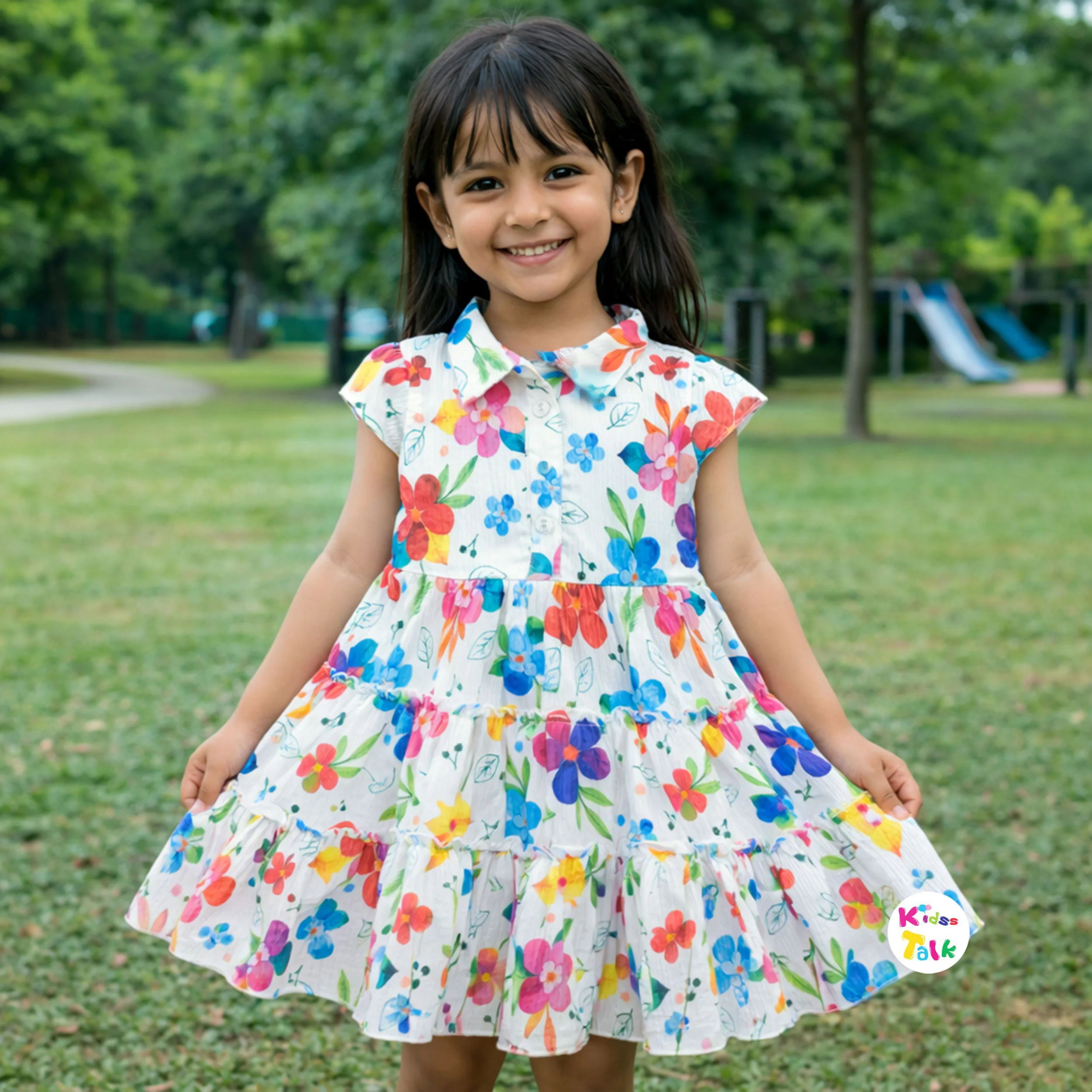 Cotton Half Sleeve Frock With Floral Printed - Blue