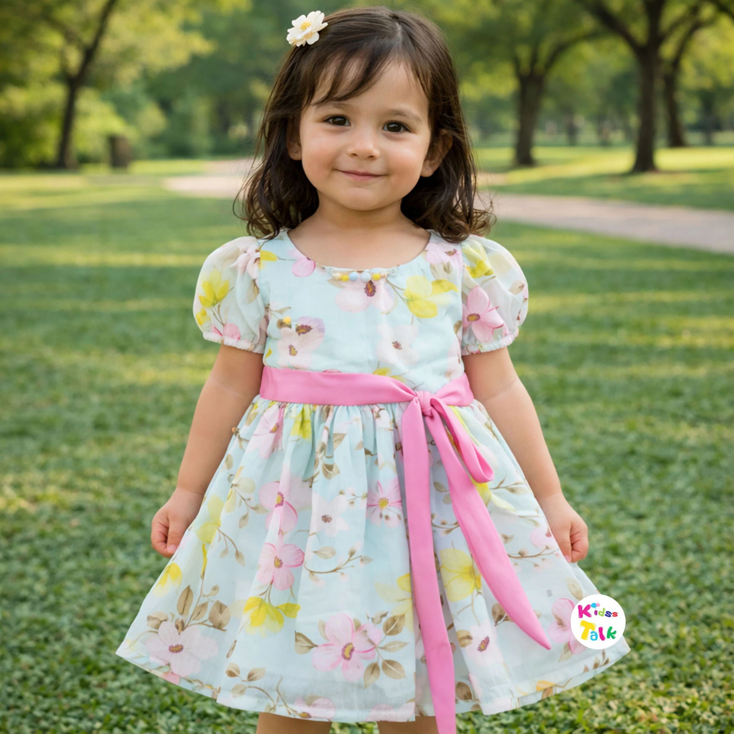 Georgette Half Sleeve Frock With Floral Printed - Ice Blue