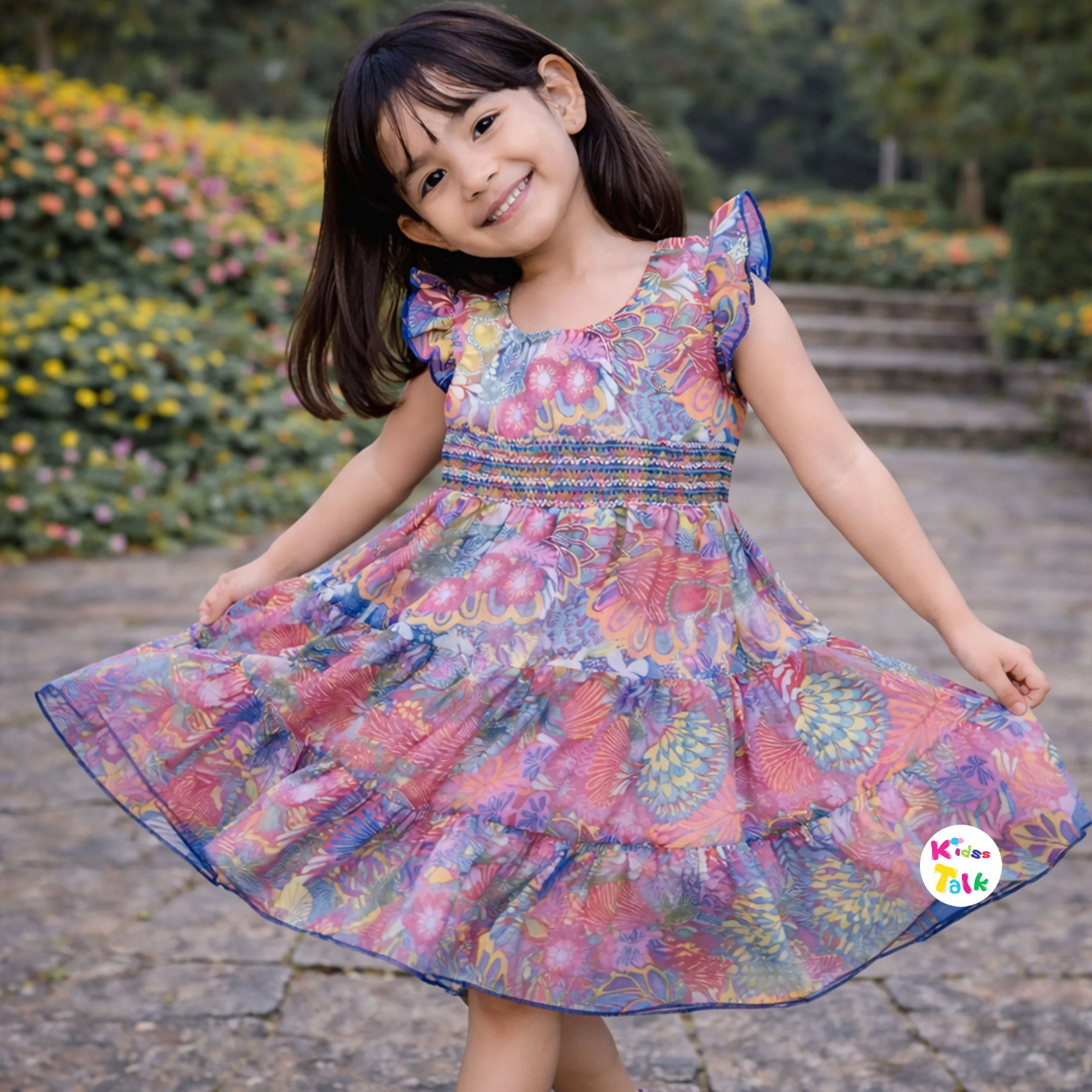 Georgette Half Sleeve Frock With Floral Printed - Multicolour