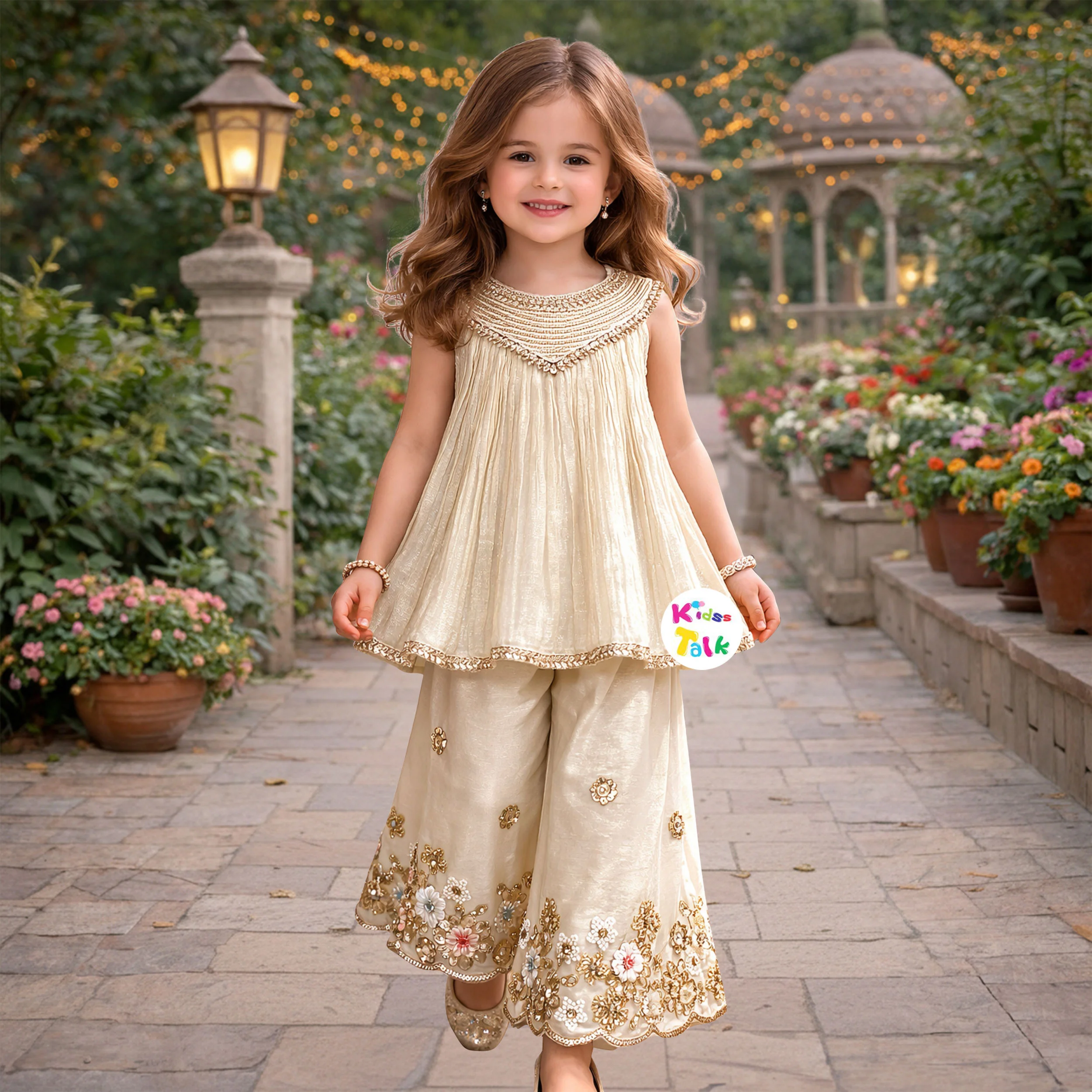 Cotton Silk Sleeveless Sequins Work Kurta With Gharara & Dupatta - Cream