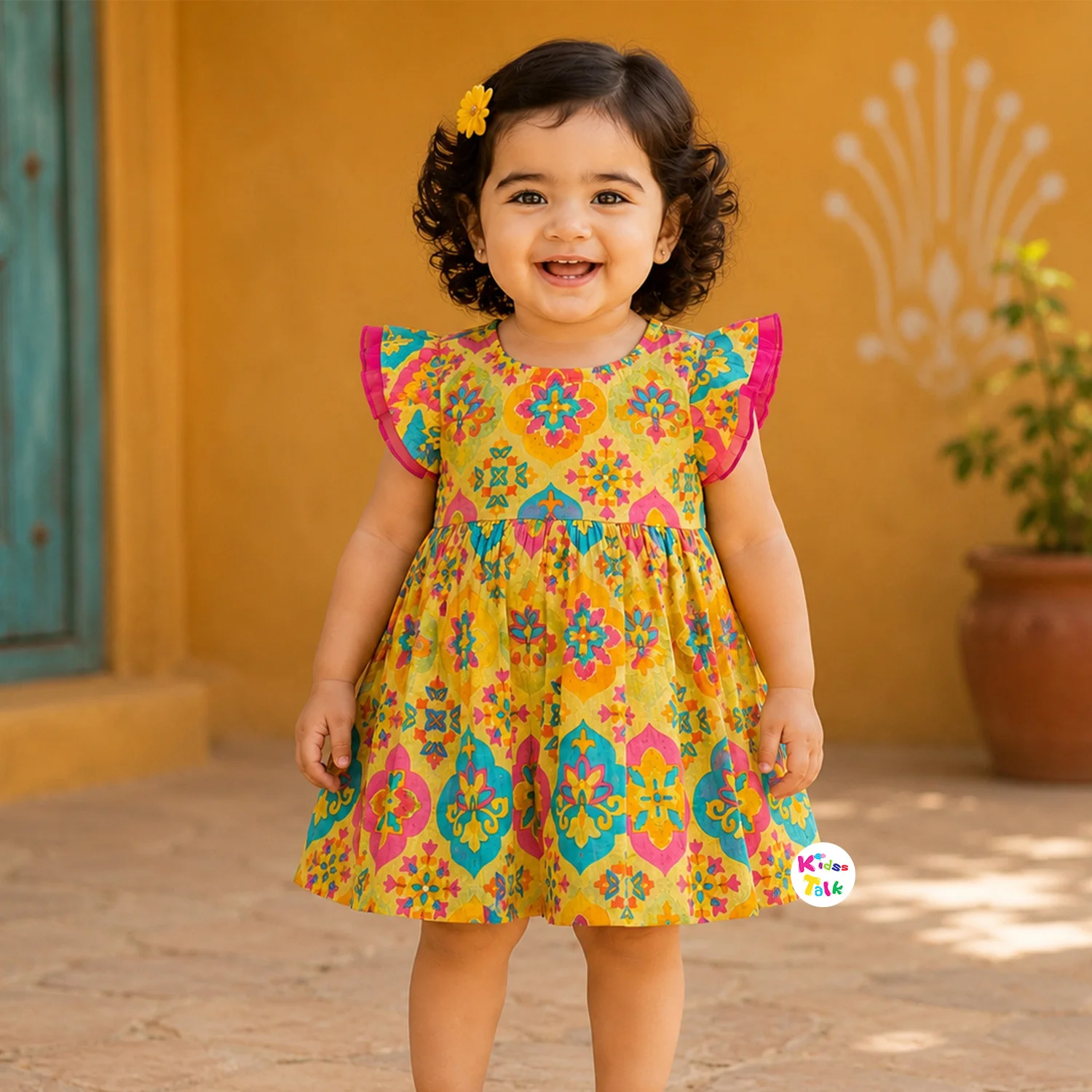 Cotton Half Sleeve Printed Frock - Lemon Yellow