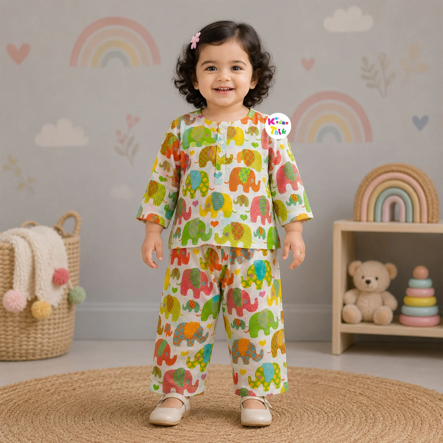 Cotton Half Sleeve Printed Full Pant Set - Green