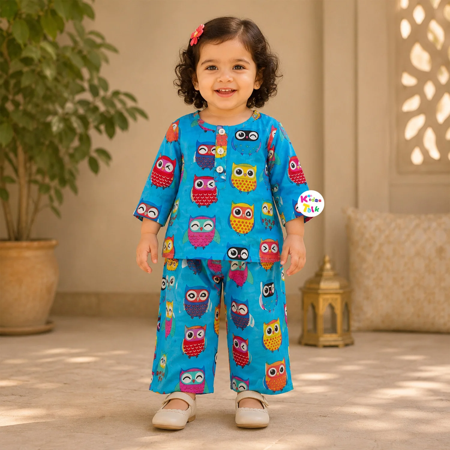 Cotton Half Sleeve Printed Full Pant Set - Ice Blue