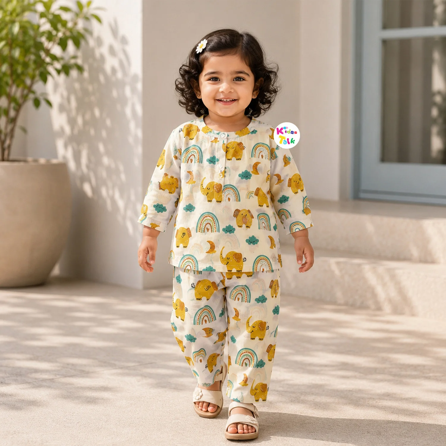 Cotton Half Sleeve Printed Full Pant Set - Cream