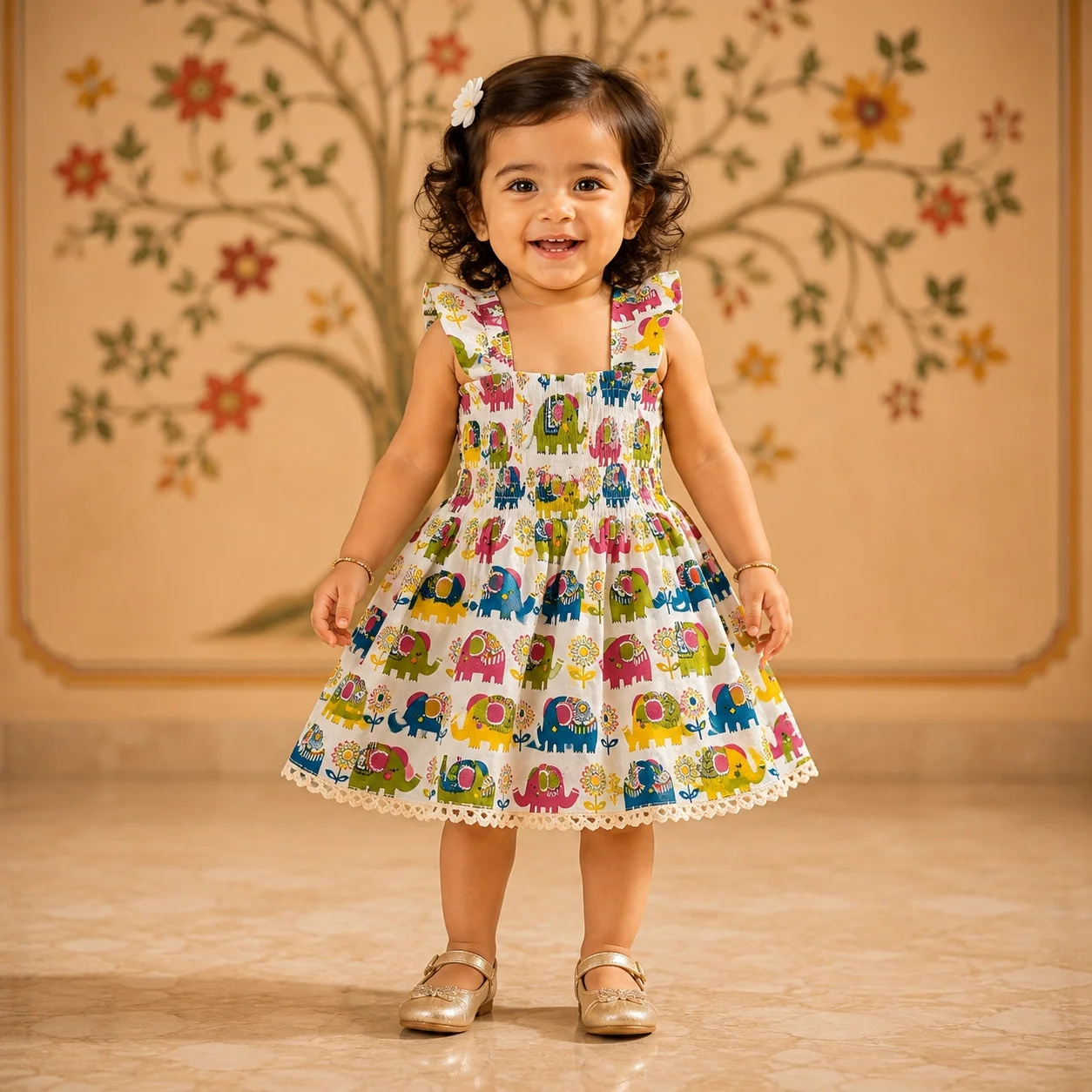 Cotton Half Sleeve Printed Frock - Cream