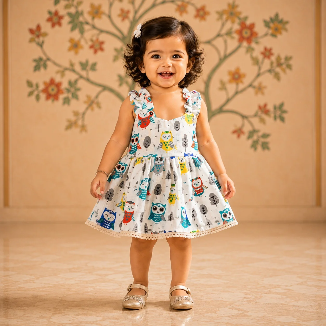 Cotton Half Sleeve Printed Frock - White