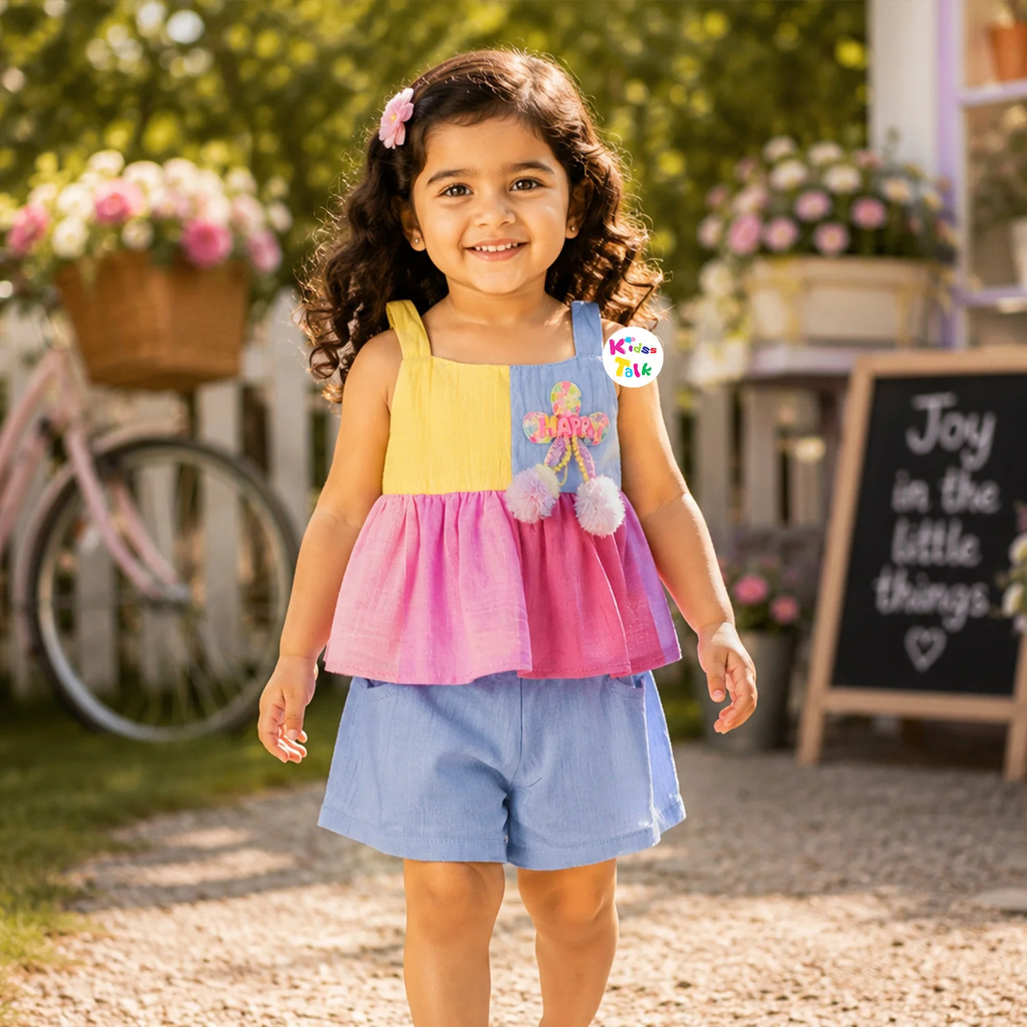 Cotton Sleeveless Half Pant Set With Cute Color Block Print & Artificial Flower - Multicolour