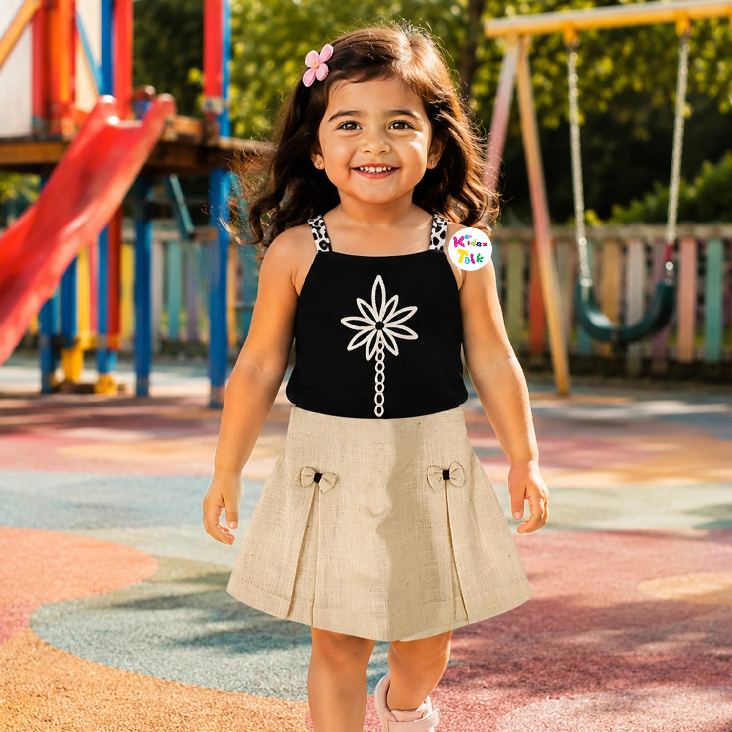 Cotton Spaghetti Strap Skirt & Top With Embroidery - Black