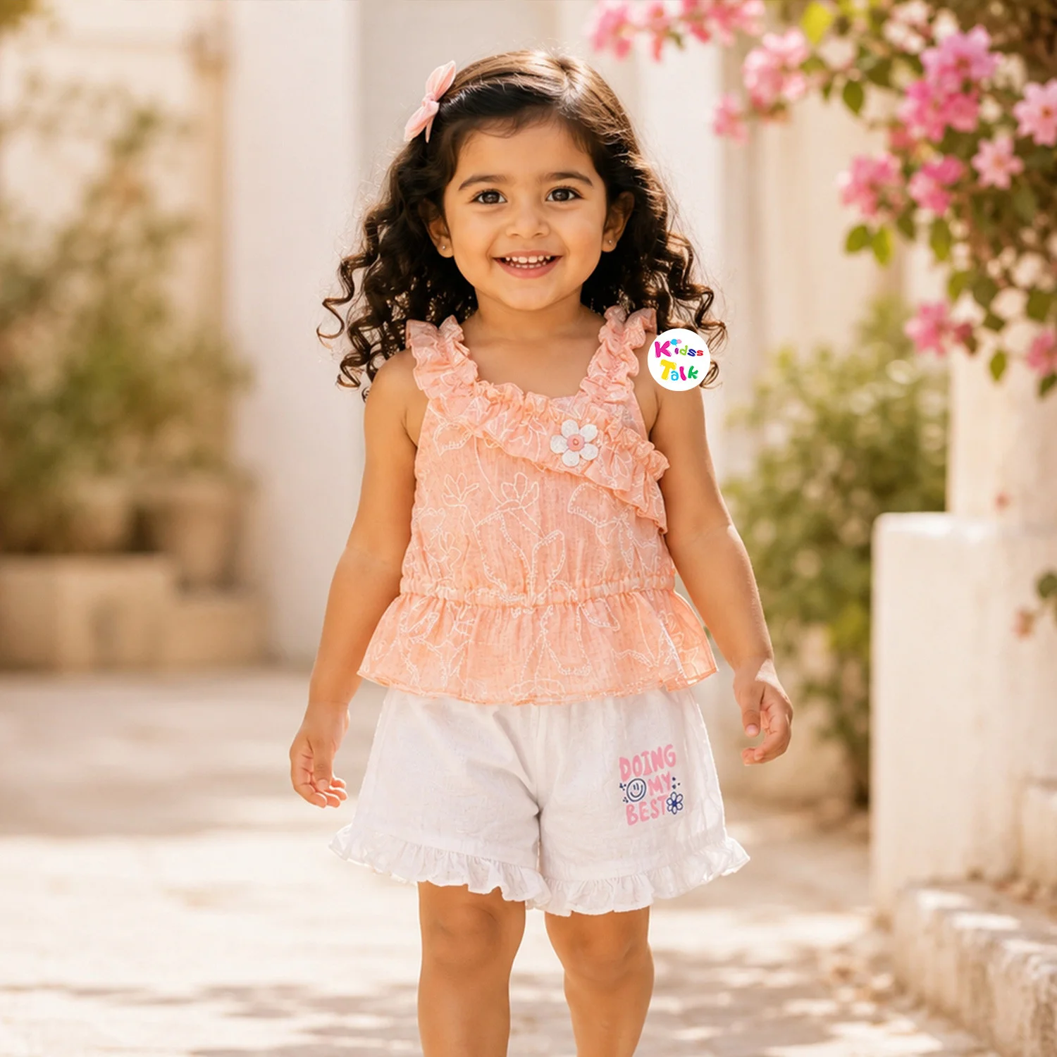 Cotton One Shoulder Half Pant Set With Cute Floral Print & Artificial Flower - Peach