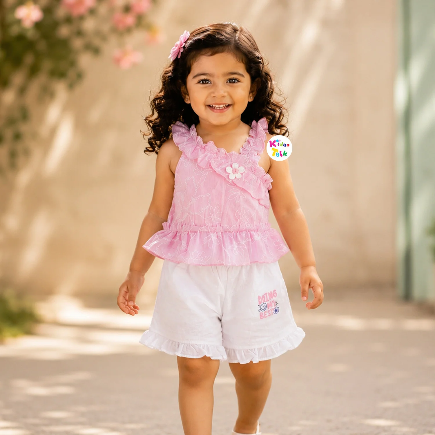 Cotton One Shoulder Half Pant Set With Cute Floral Print & Artificial Flower - Pink