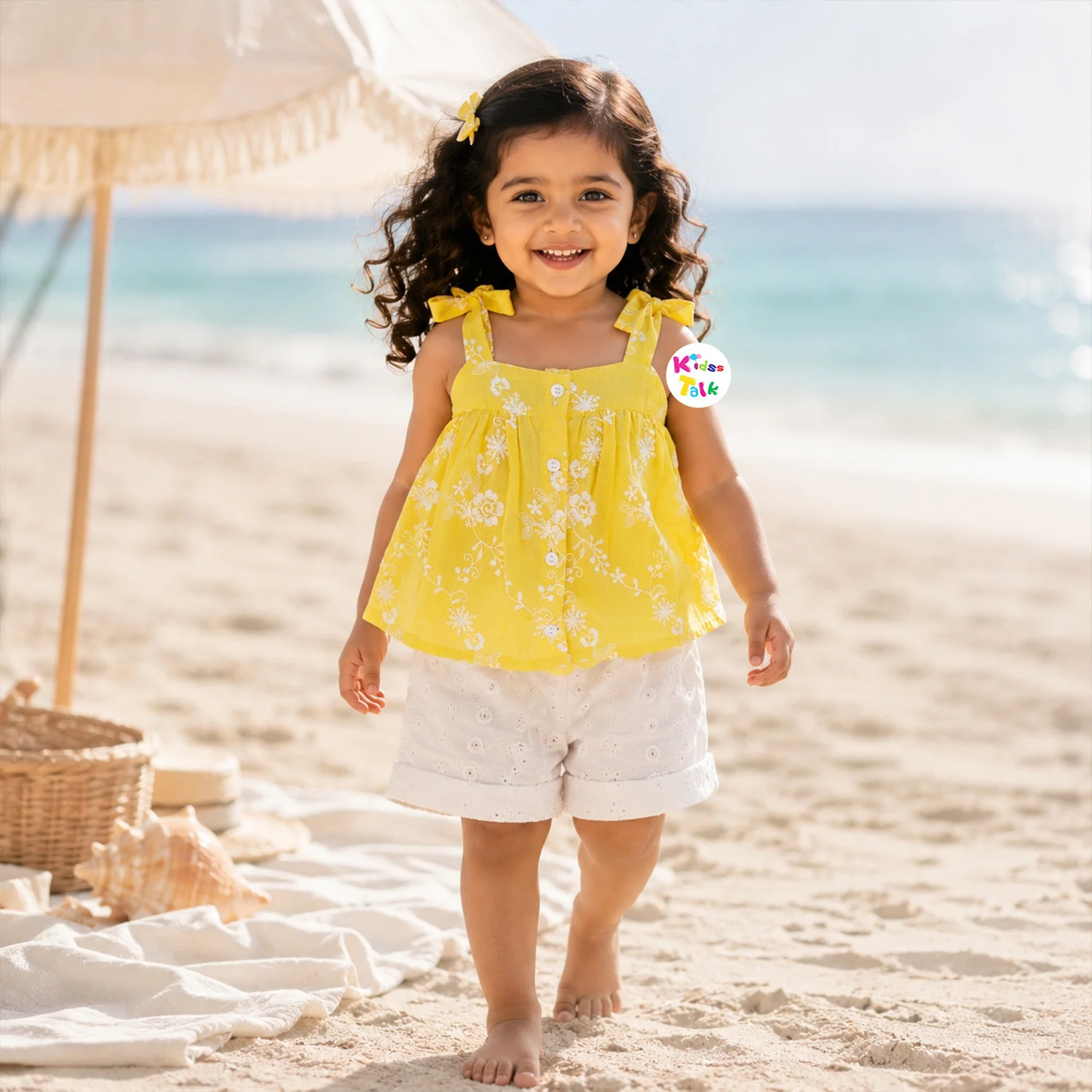 Hakoba Spaghetti Strap Half Pant Set With Cute Floral Print & Embroidery - Lemon Yellow
