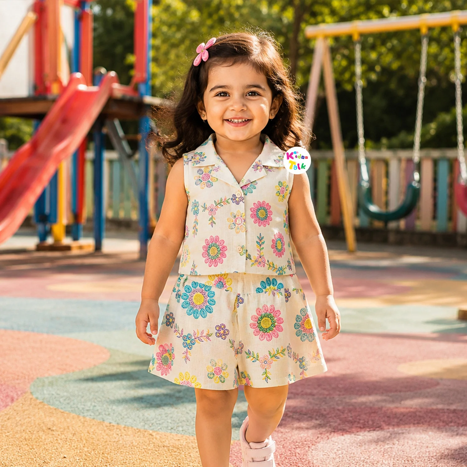 Cotton Sleeveless Half Pant Set With Cute Floral Print - Multicolour