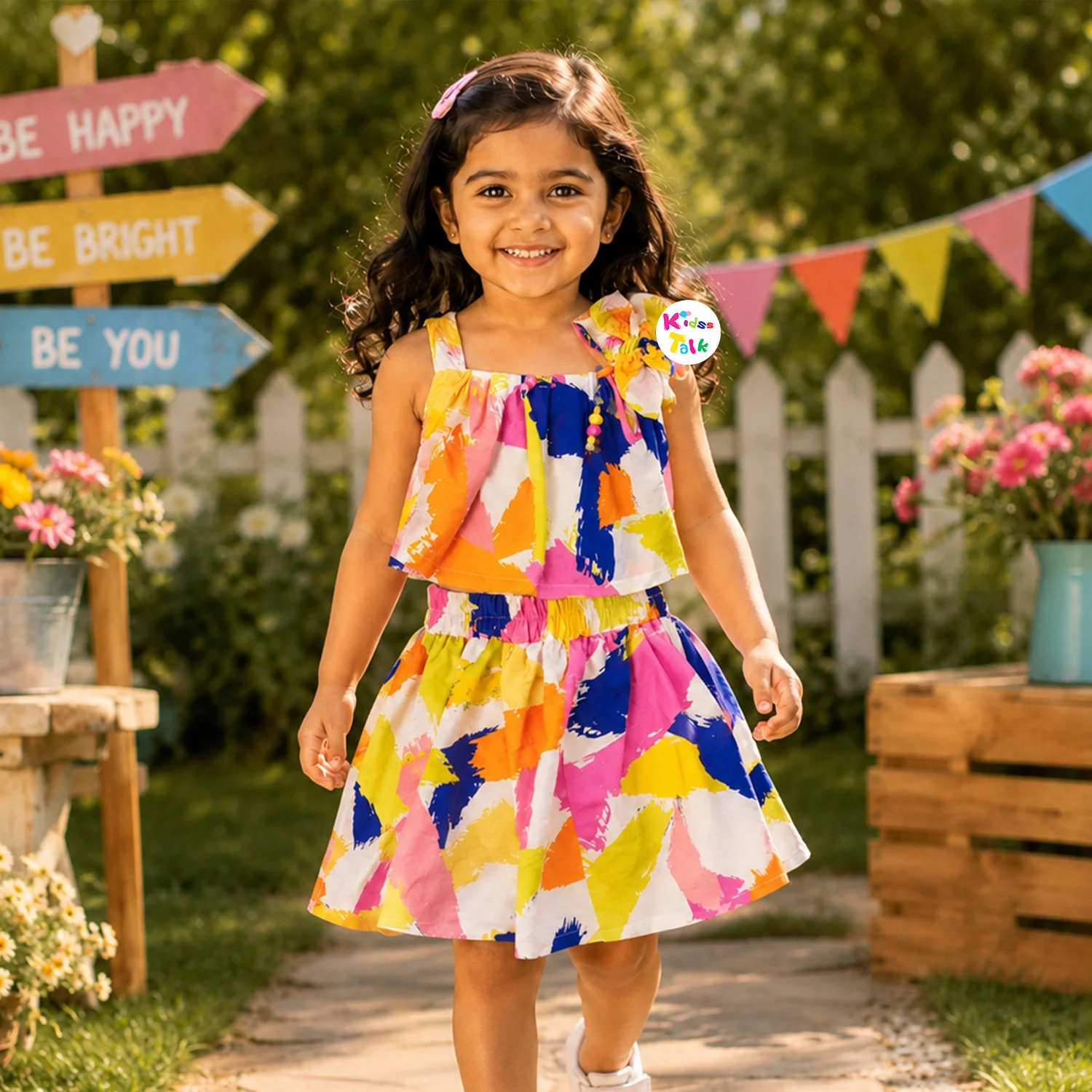Cotton Sleeveless Skirt & Top With Cute All Over Print & Bow - Multicolour