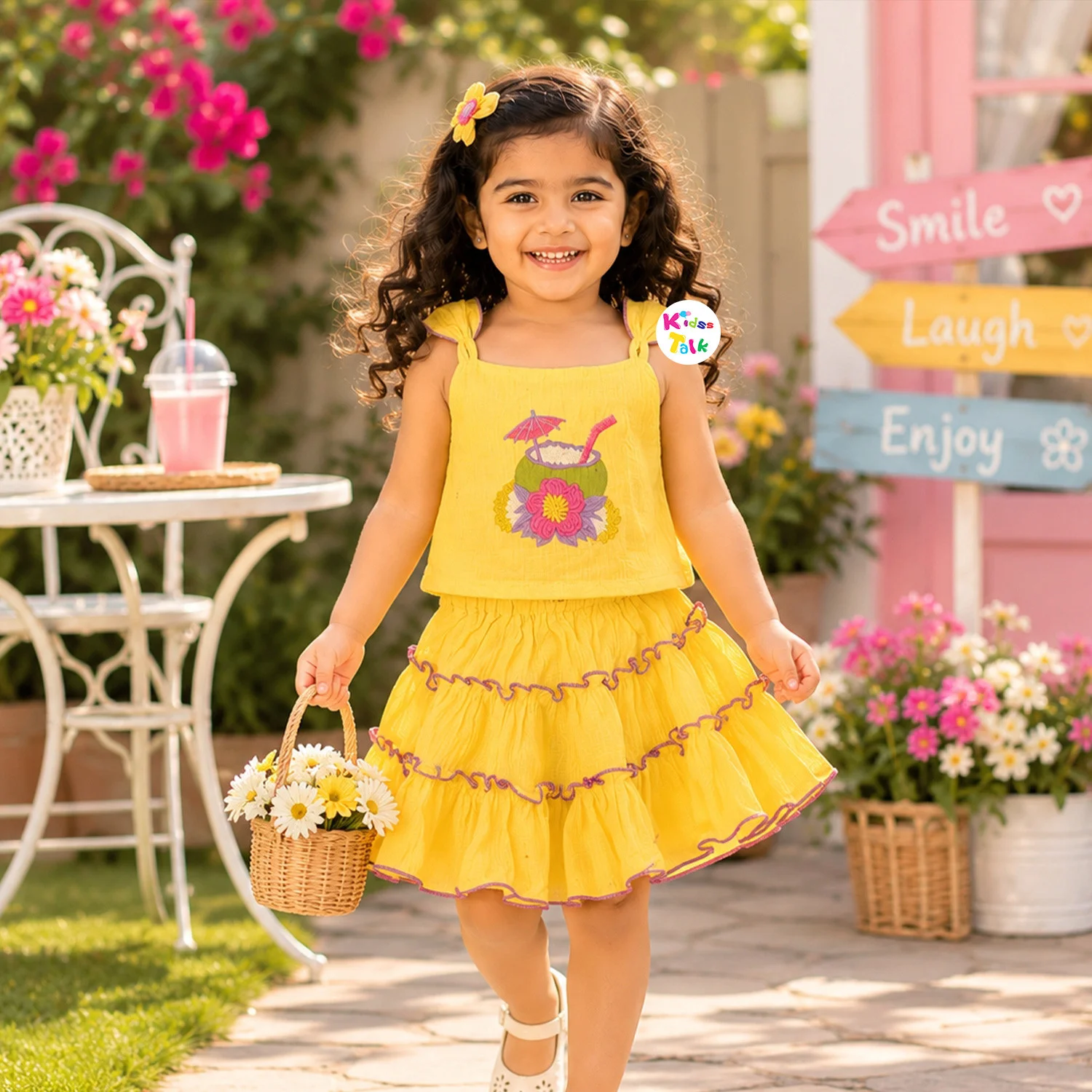 Cotton Spaghetti Strap Skirt & Top With Embroidery - Lemon Yellow