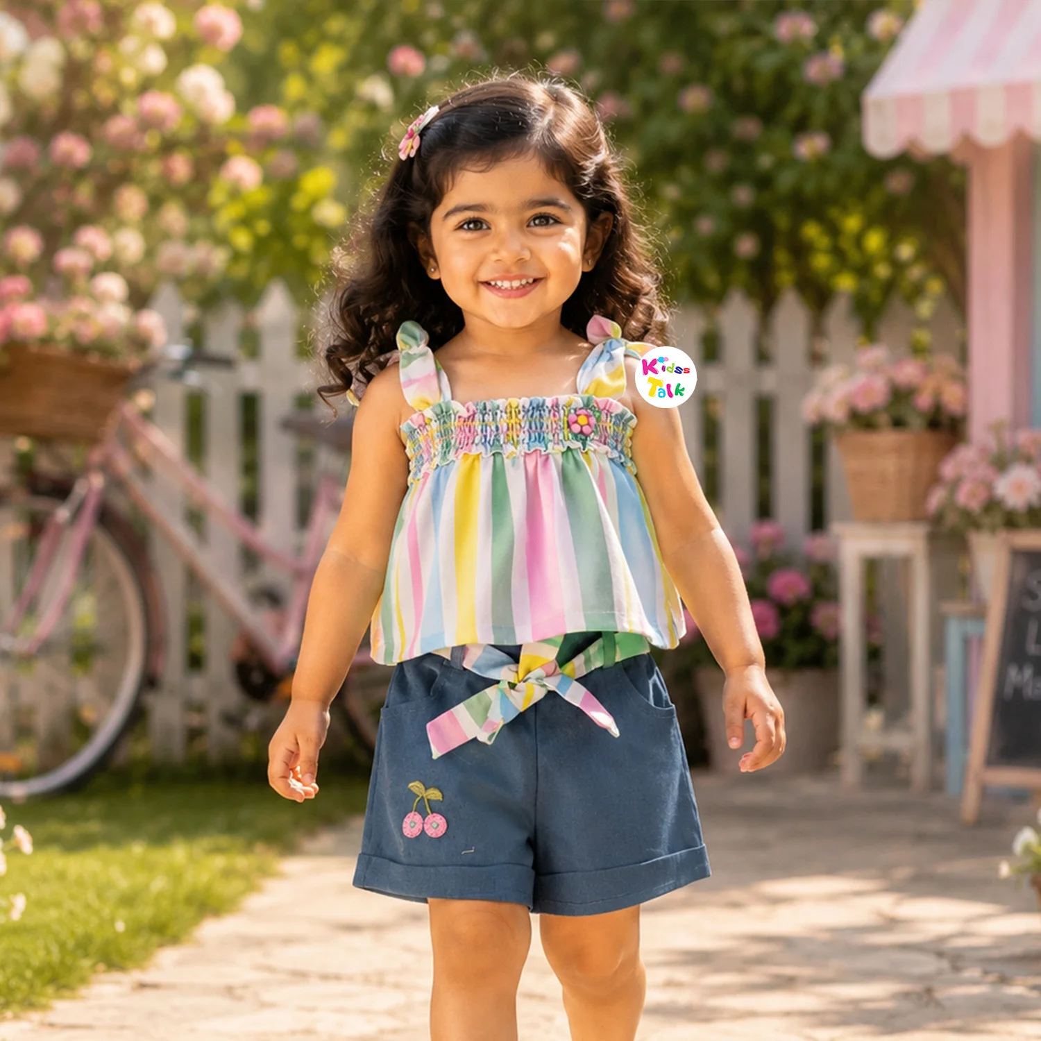 Cotton Sleeveless Half Pant Set With Cute Floral Print - Multicolour
