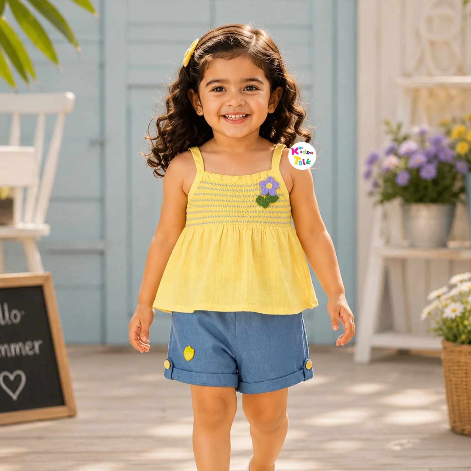 Cotton Spaghetti Strap Half Pant Set With Embroidery - Lemon Yellow