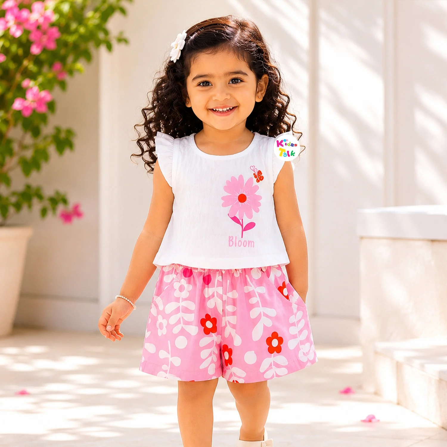Cotton Flutter Sleeve Half Pant Set With Cute Floral Print - Pink