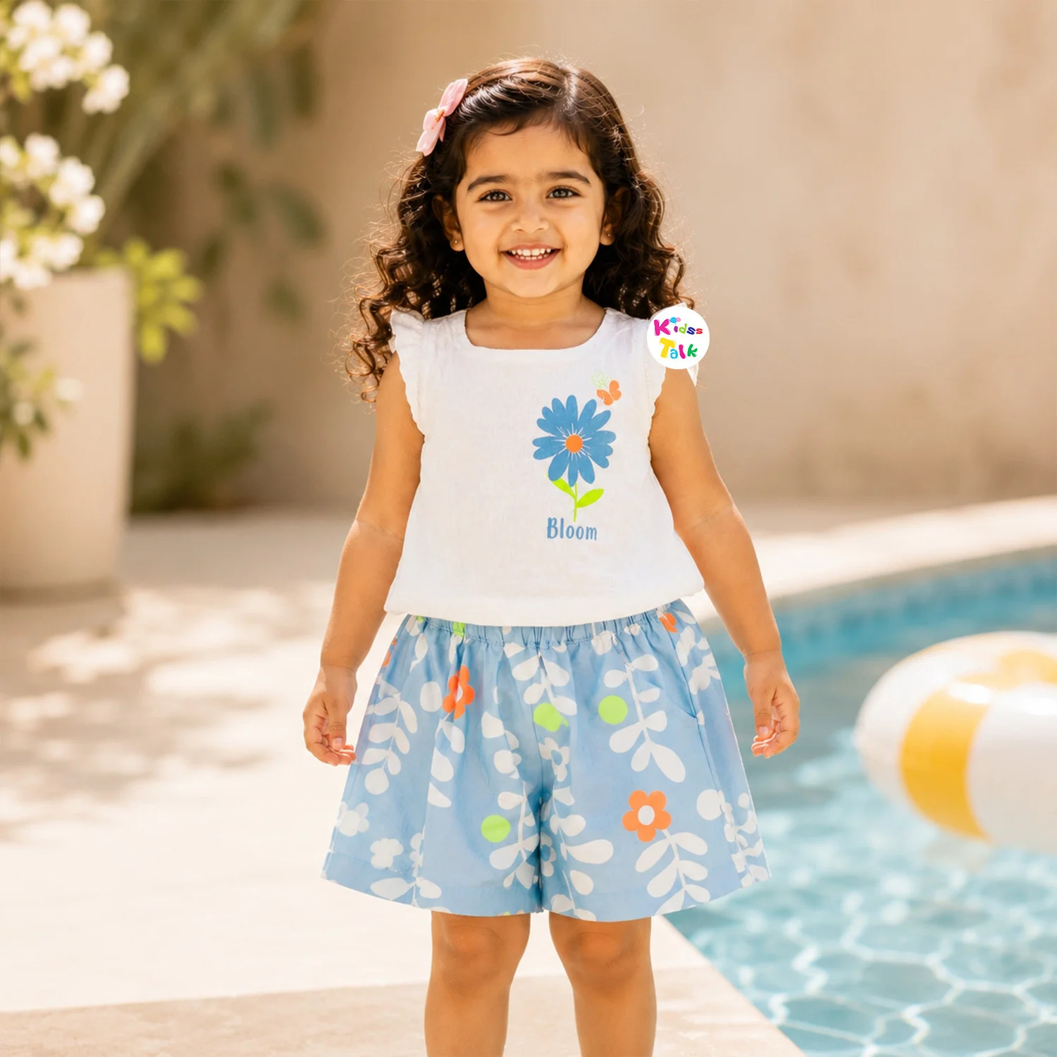 Cotton Flutter Sleeve Half Pant Set With Cute Floral Print - Sky Blue