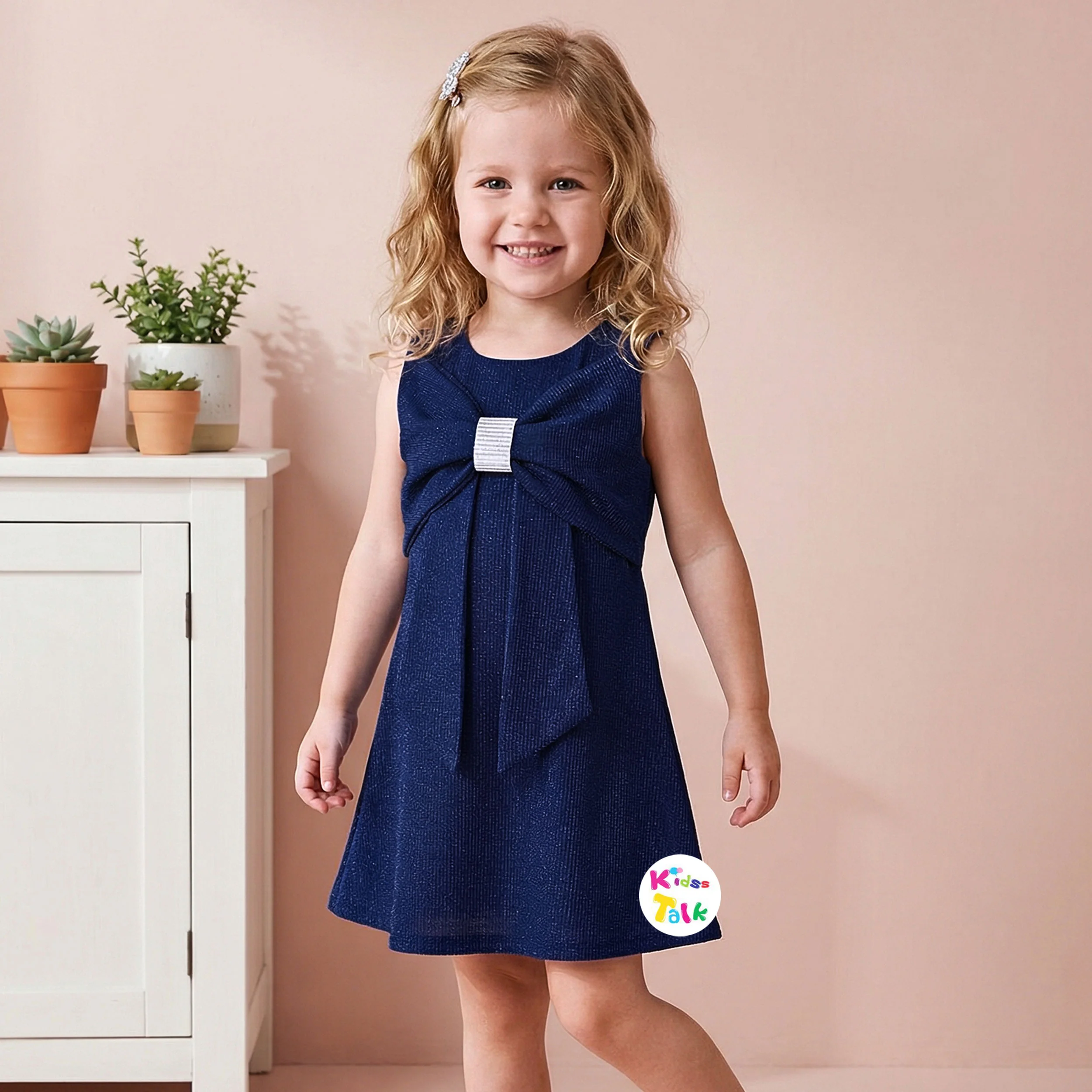 Shimmer Sleeveless Party Frock With Bow Applique - Navy Blue