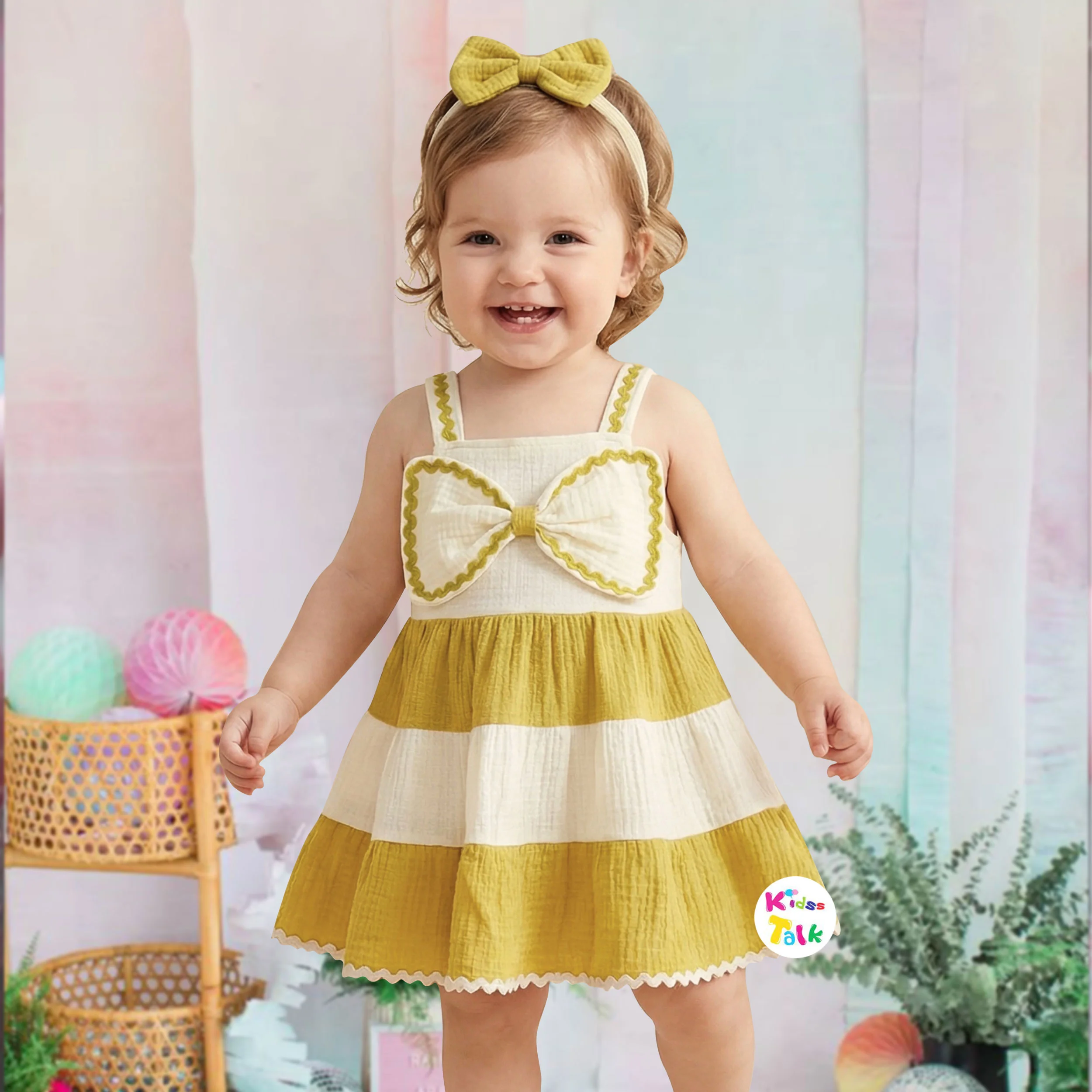 Mulsin Sleeveless Frock With Bow Applique - Mustard