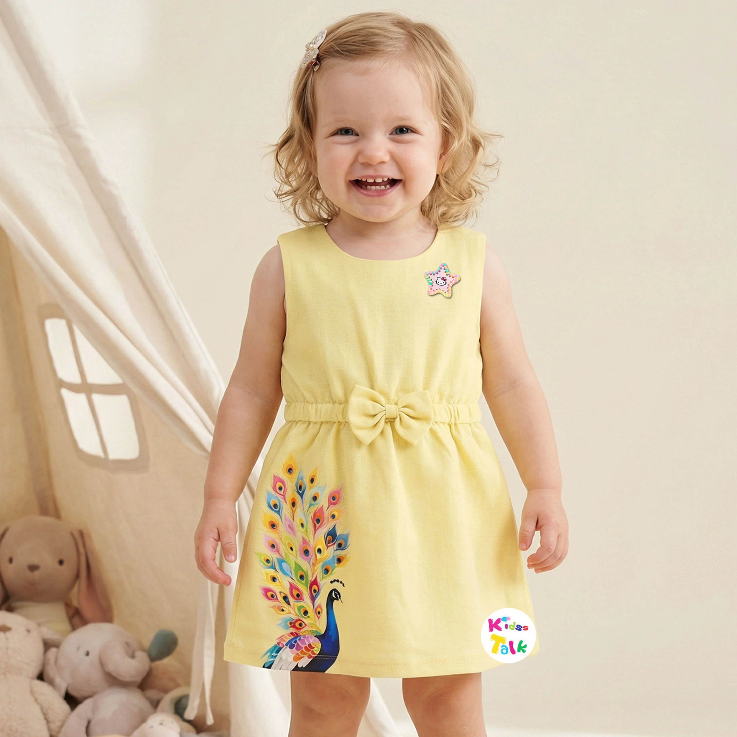Cotton Sleeveless Party Frock With Cute Ptint - Lemon Yellow