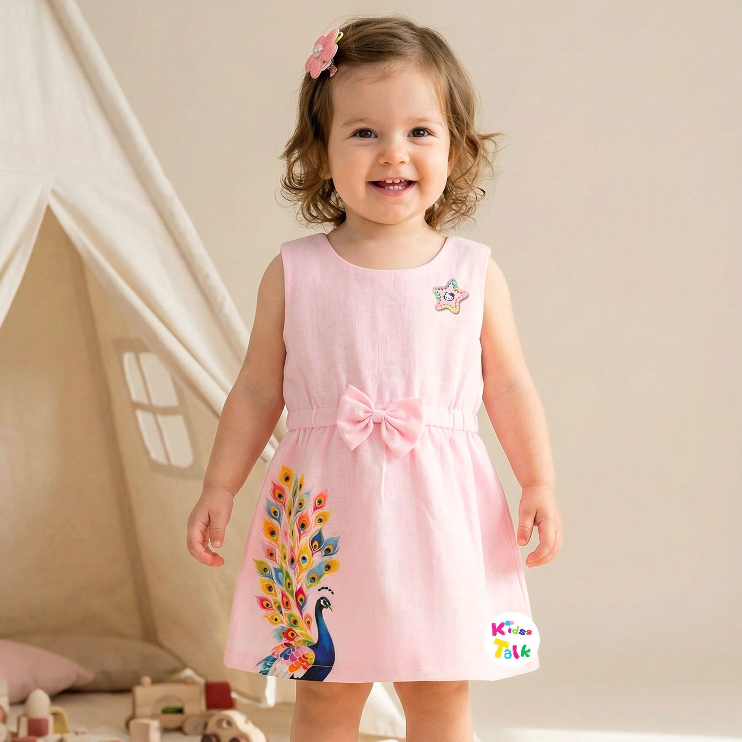 Cotton Sleeveless Party Frock With Cute Ptint - Baby Pink