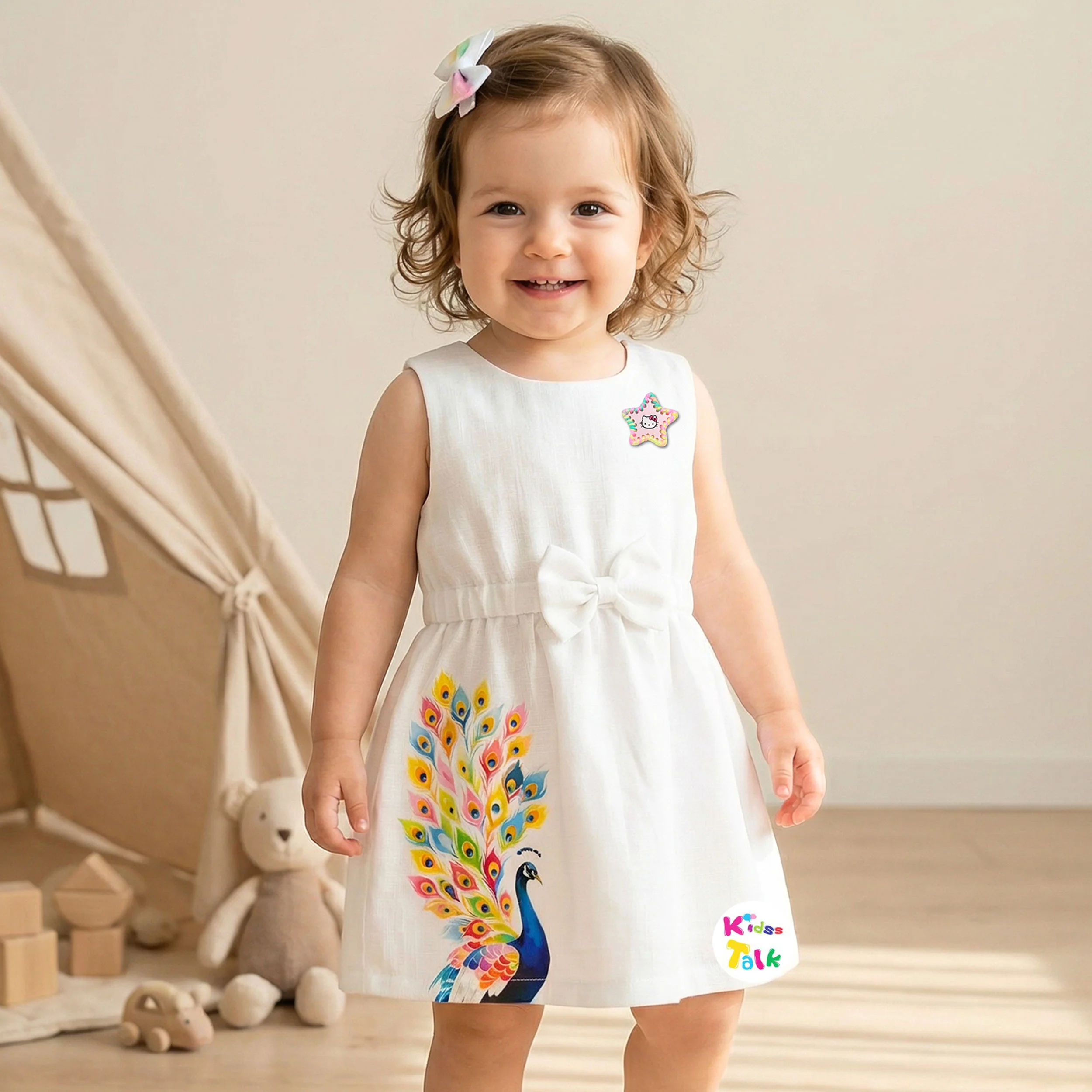 Cotton Sleeveless Party Frock With Cute Ptint - White