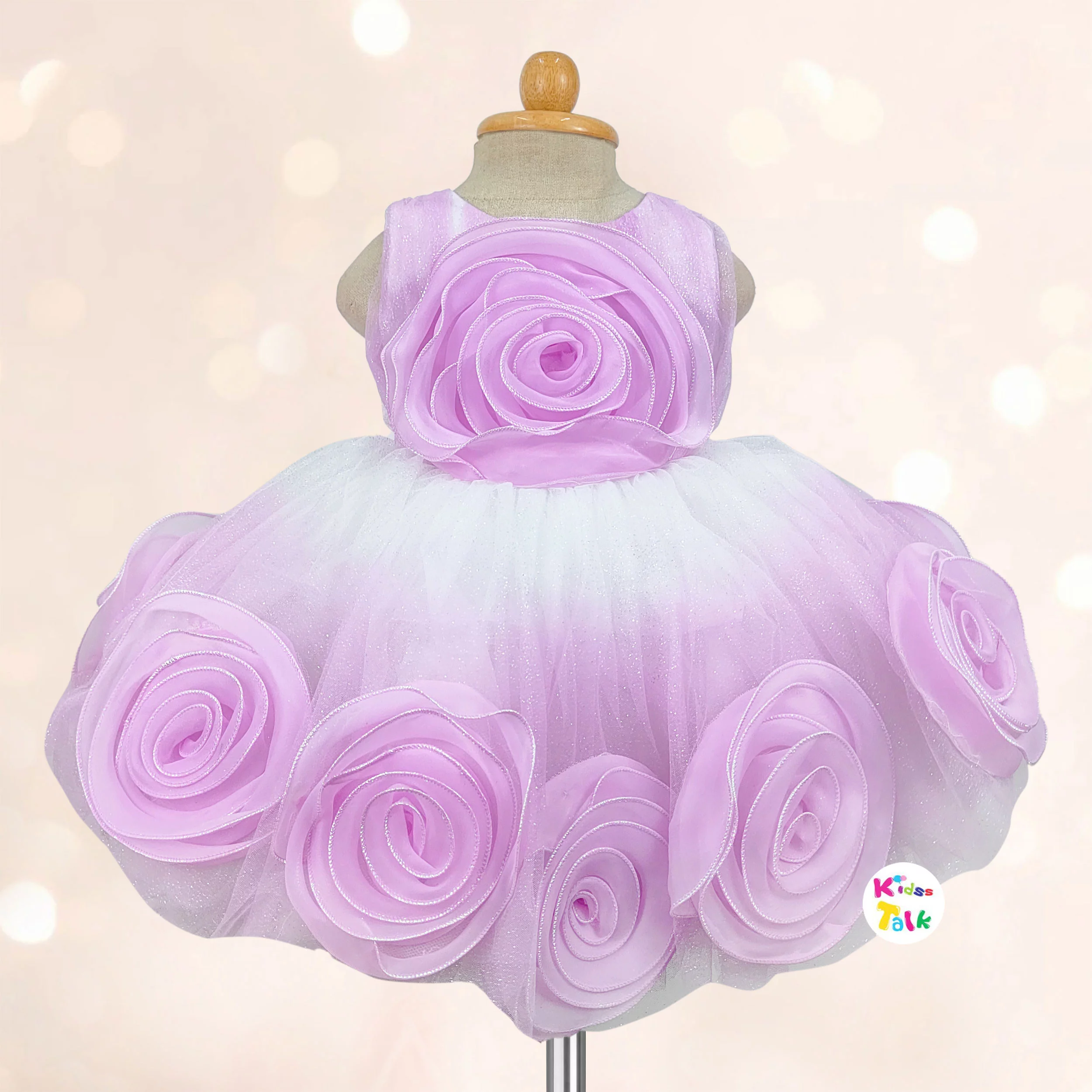 Net Sleeveless Party Frock With Flower Applique - Lavender