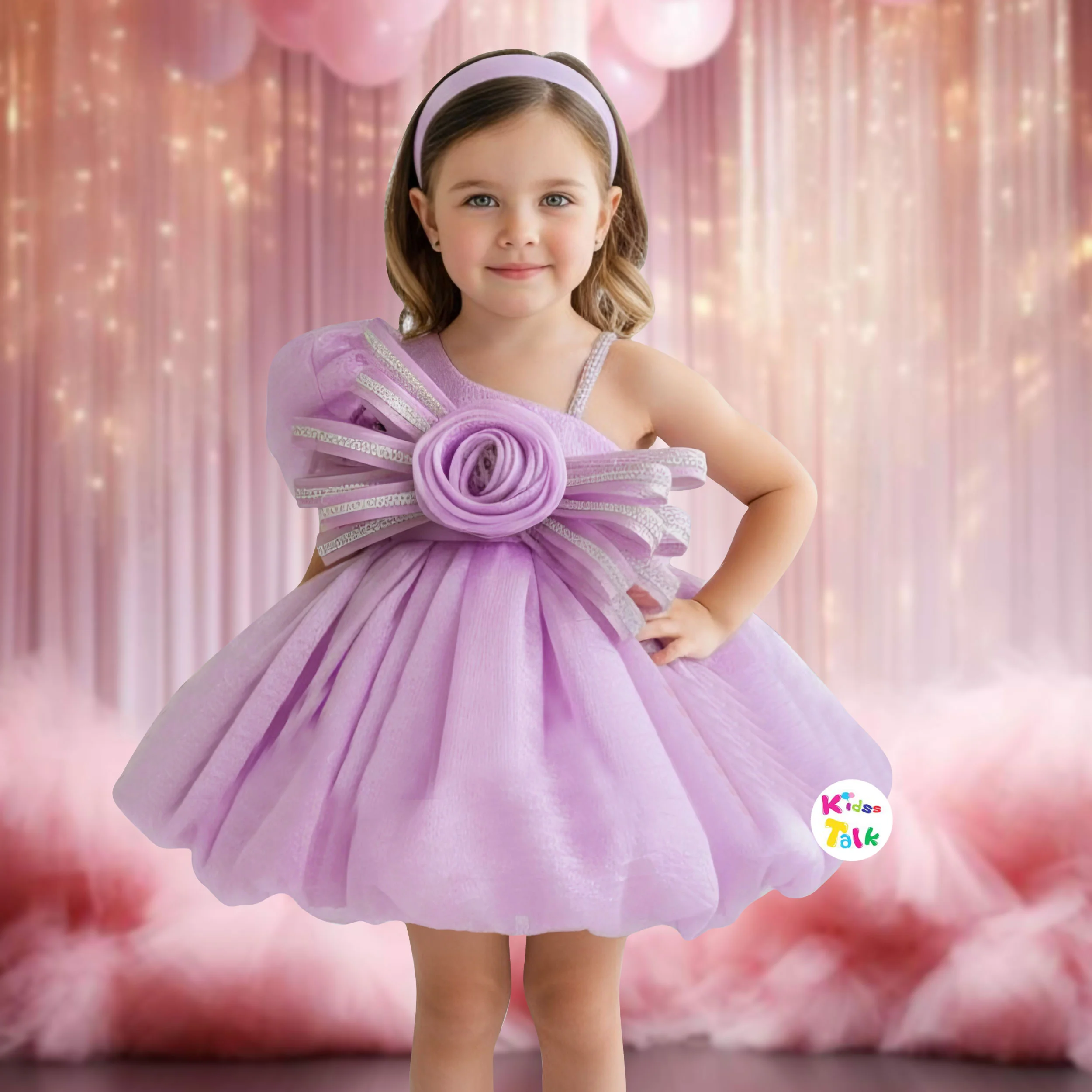 Shimmer Sleeveless Party Frock With Flower Applique - Lavender