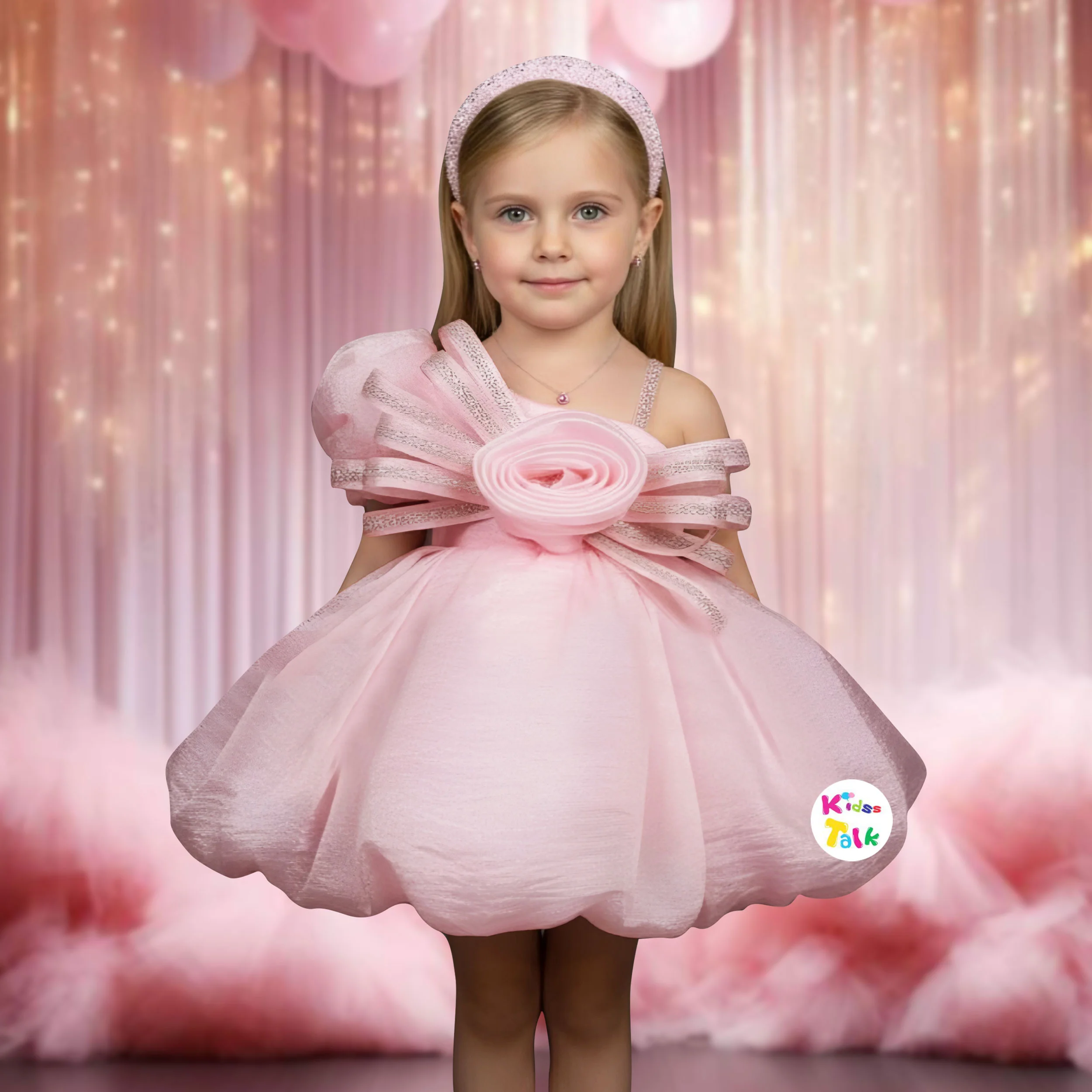 Shimmer Sleeveless Party Frock With Flower Applique - Peach