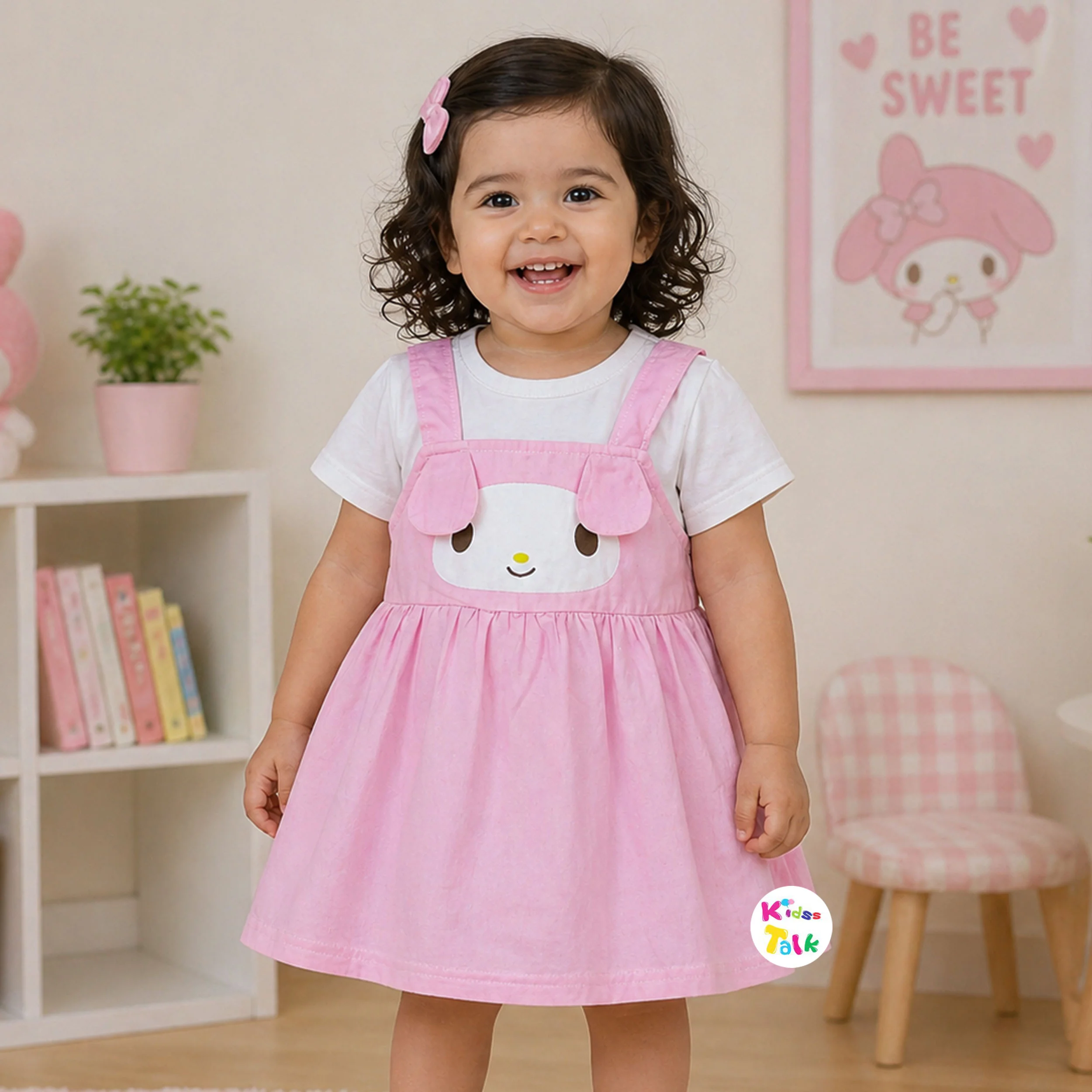 Cute Cotton Half Sleeve Frock With Cute Patch Work - Baby Pink