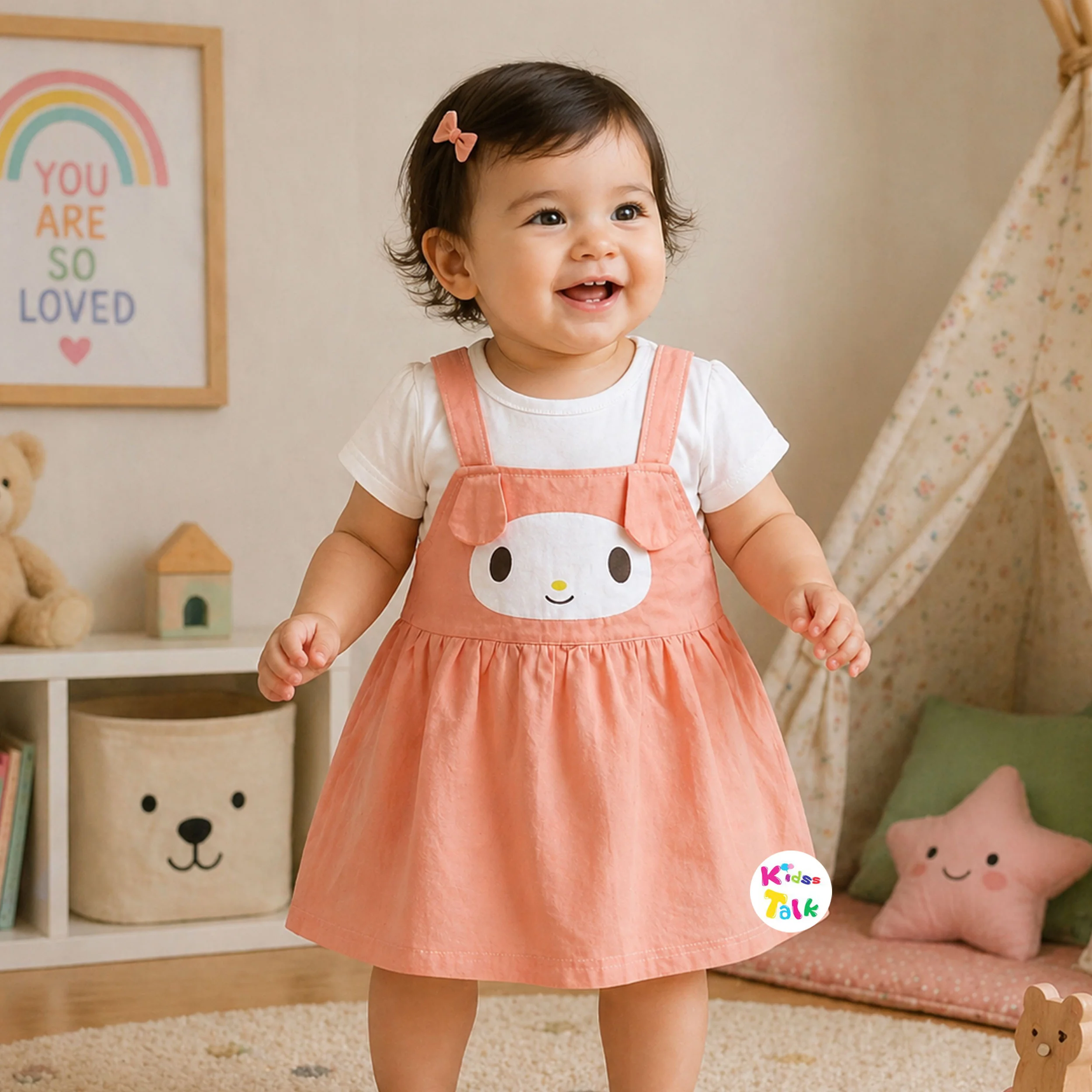 Cute Cotton Half Sleeve Frock With Cute Patch Work - Orange
