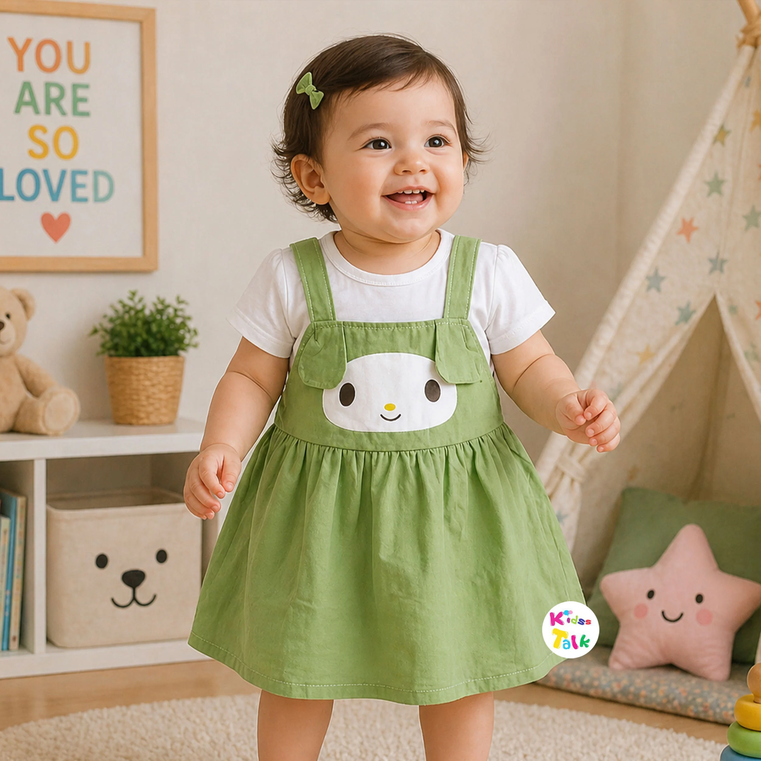 Cute Cotton Half Sleeve Frock With Cute Patch Work - Pista Green