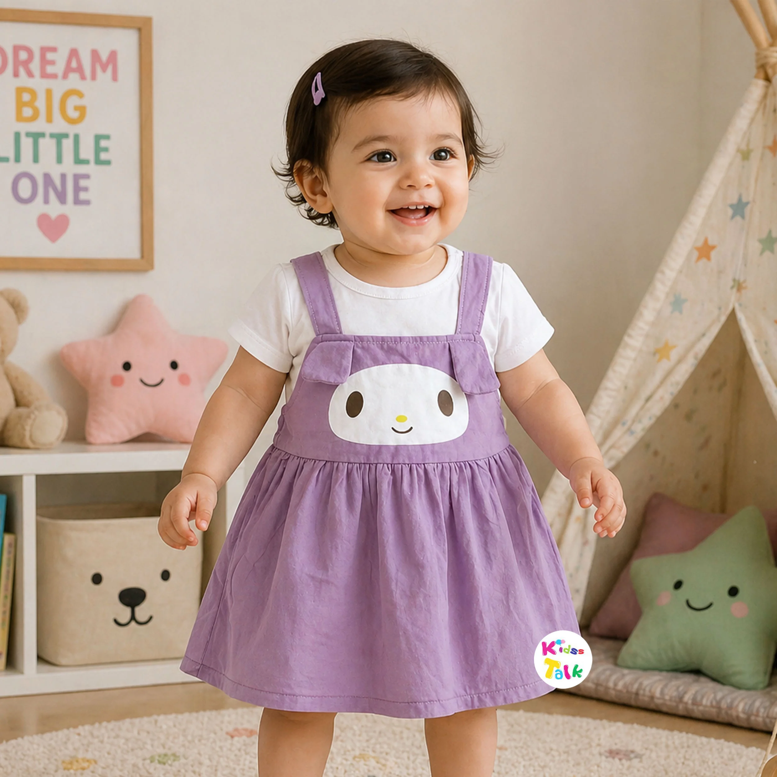 Cute Cotton Half Sleeve Frock With Cute Patch Work - Purple