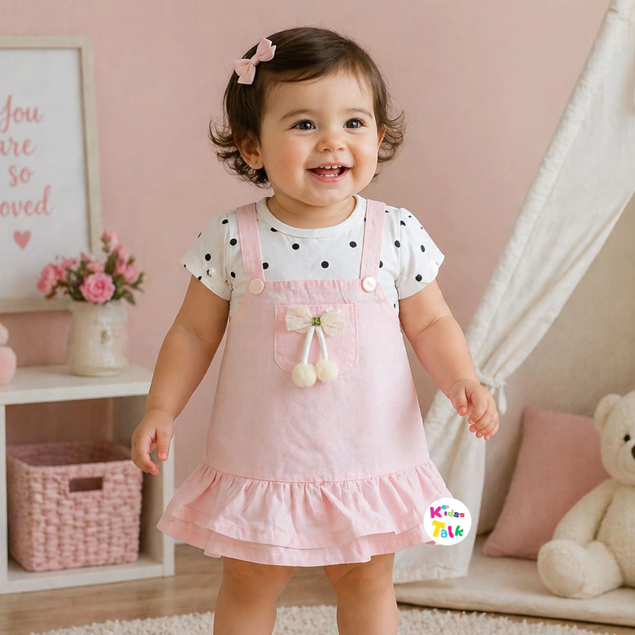 Cute Cotton Half Sleeve Frock With Cute Patch Work - Baby Pink
