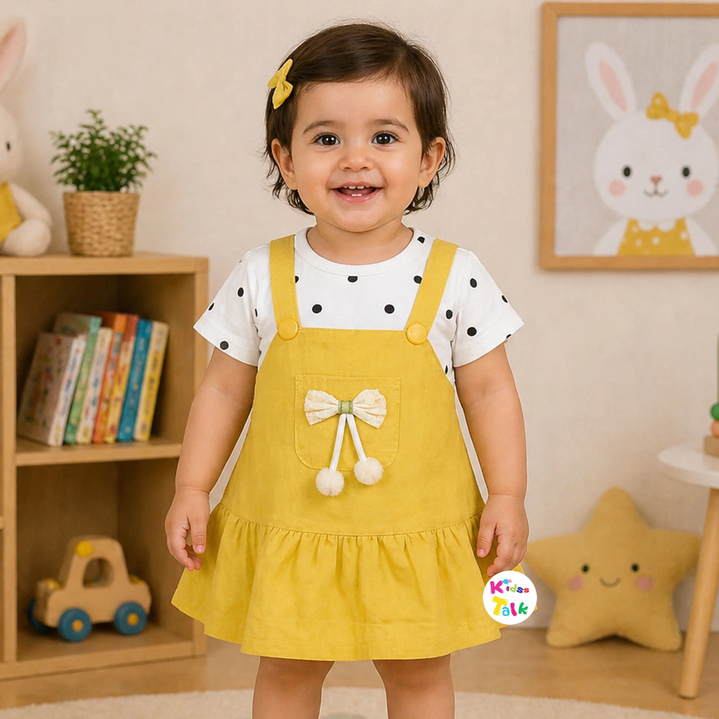 Cute Cotton Half Sleeve Frock With Cute Patch Work - Mustard