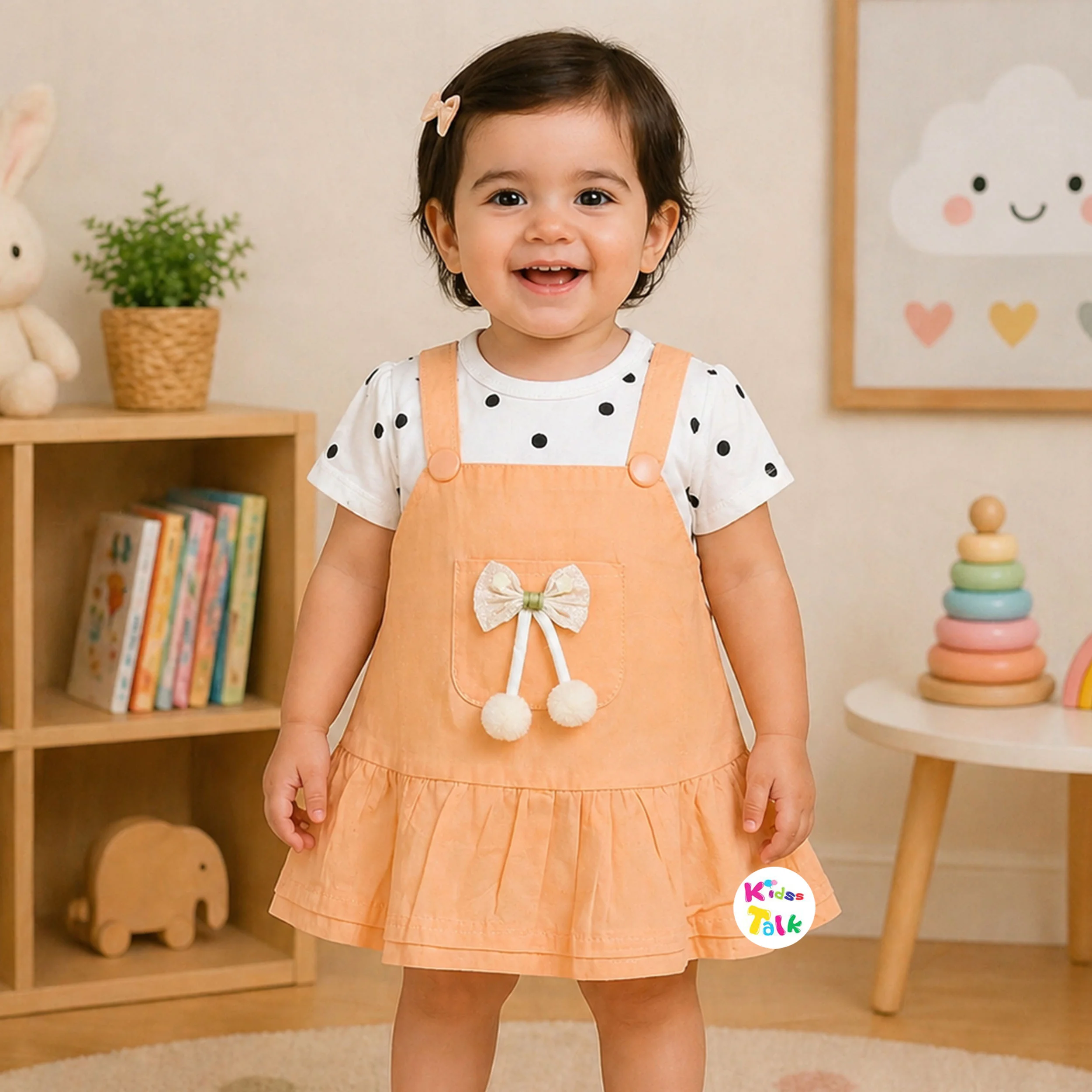 Cute Cotton Half Sleeve Frock With Cute Patch Work - Orange