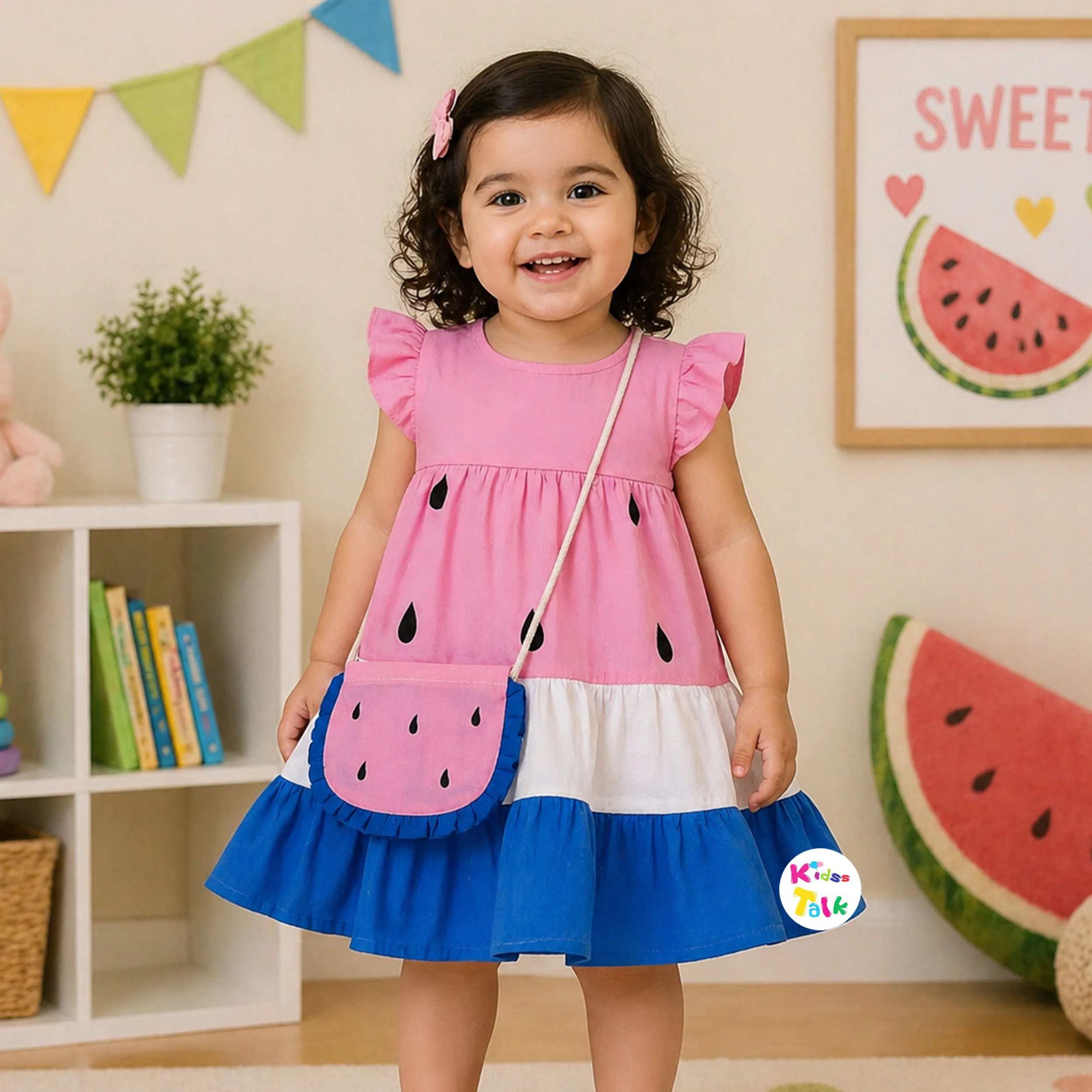 Cute Half Sleeve Frock With Cute Printed - Baby Pink
